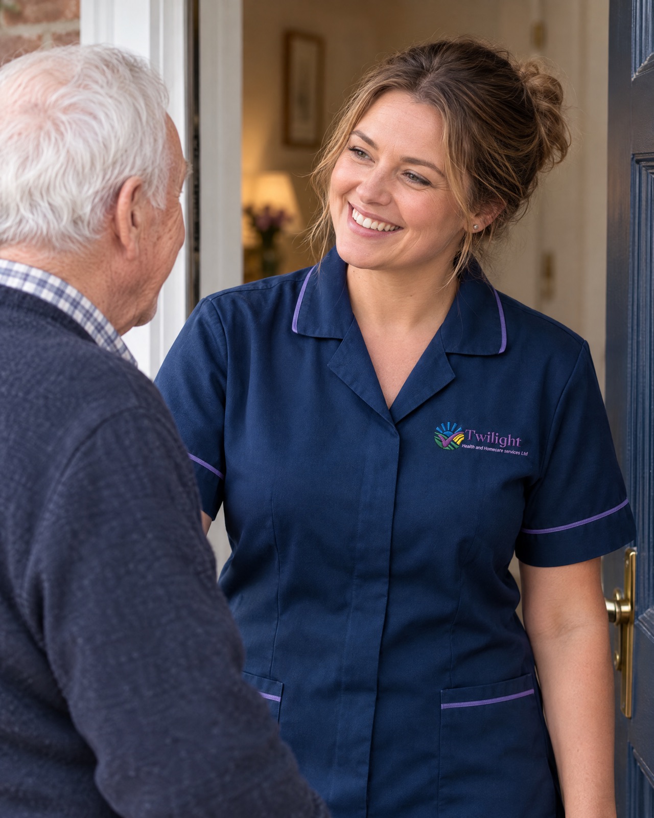 European heritage Twilight carer in a twilight-blue uniform welcoming an elderly man at his Coventry home