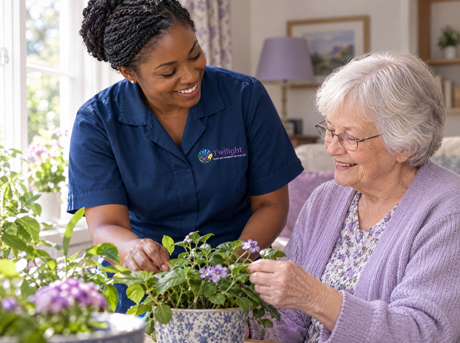 African heritage Twilight carer in a twilight-blue uniform supporting an elderly woman with houseplants at home