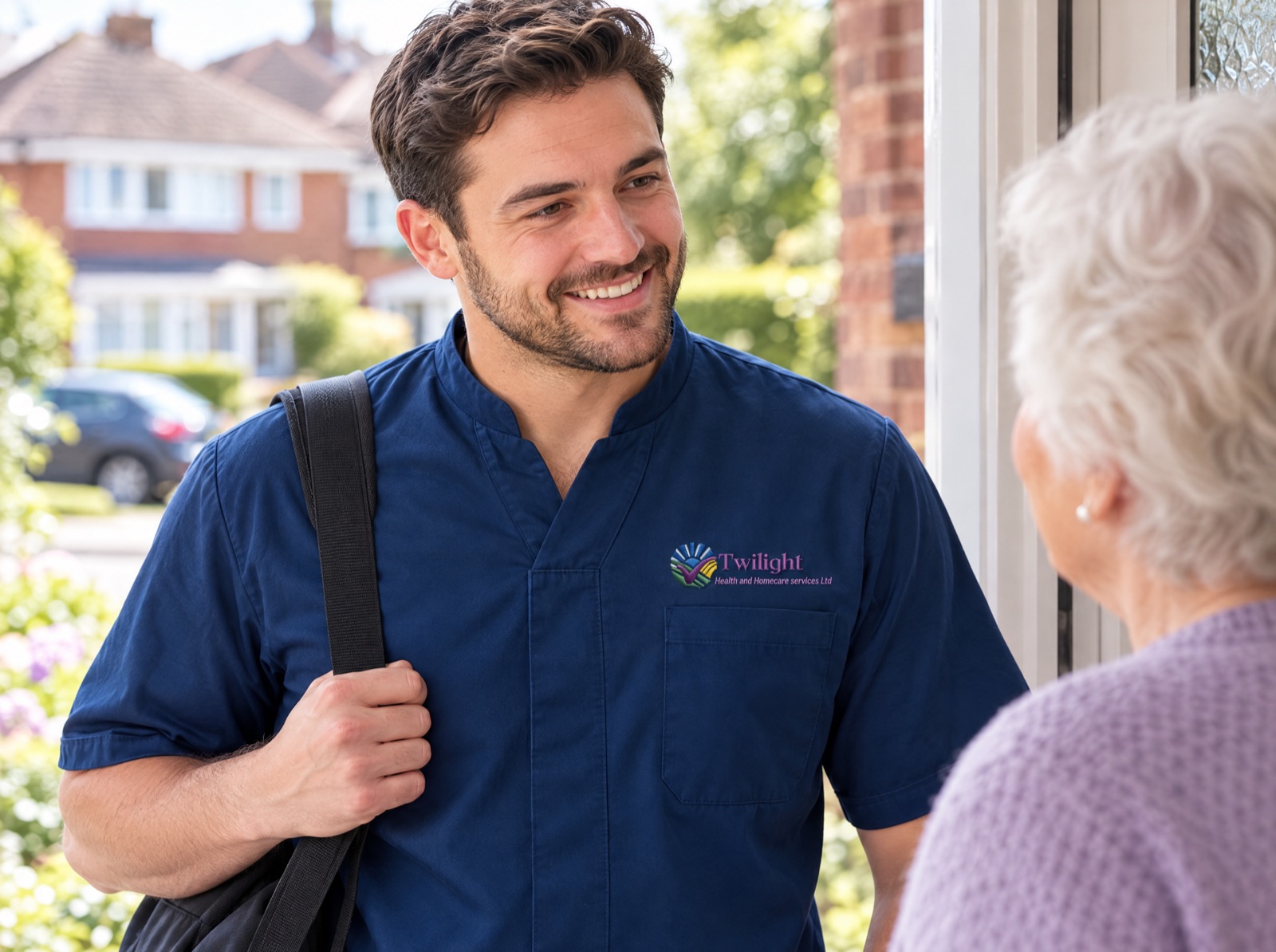 European heritage Twilight carer in a twilight-blue uniform arriving for a local home care visit in the Coventry area