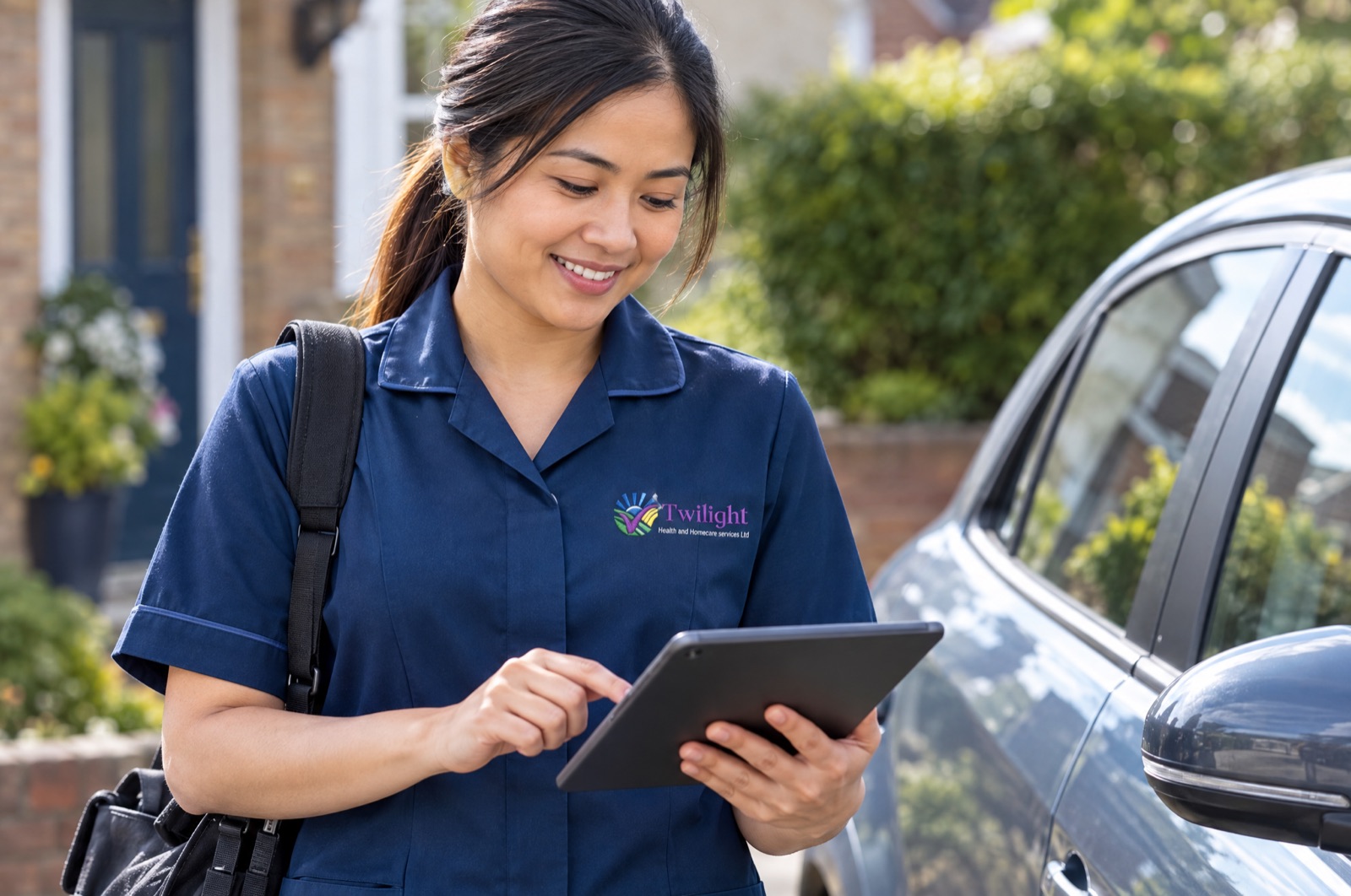 Asian heritage Twilight carer in a twilight-blue uniform checking her home care visit schedule in the local area