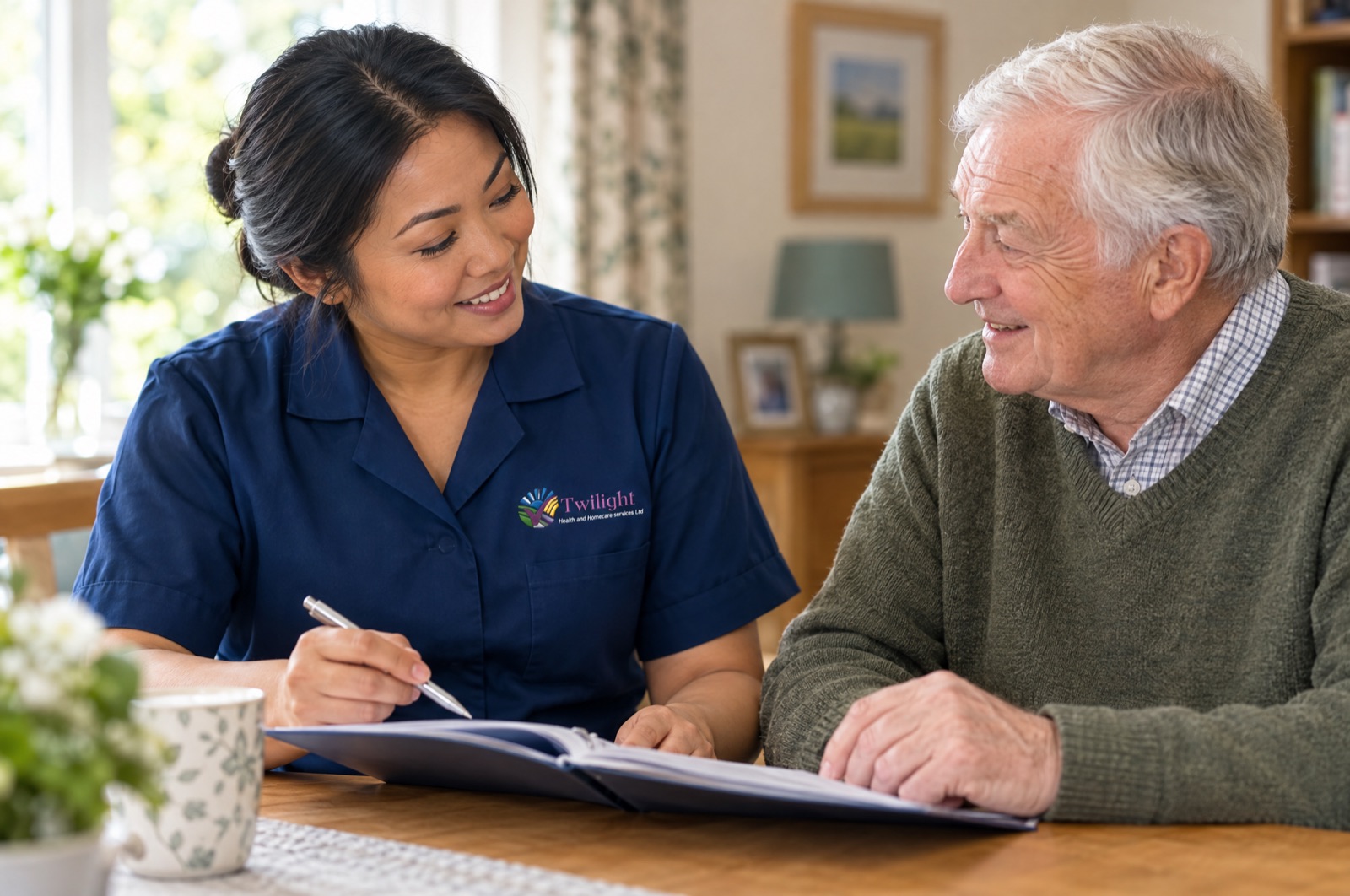 Asian heritage Twilight carer in a twilight-blue uniform building a person-centred care plan with an elderly man