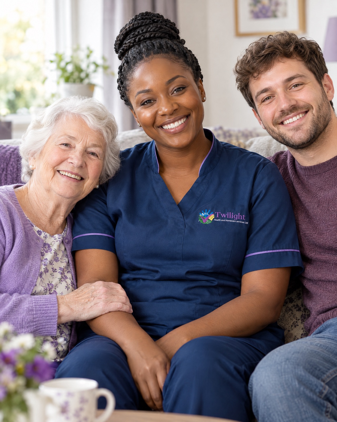 African heritage Twilight carer in a twilight-blue uniform supporting people of different ages at home in Coventry