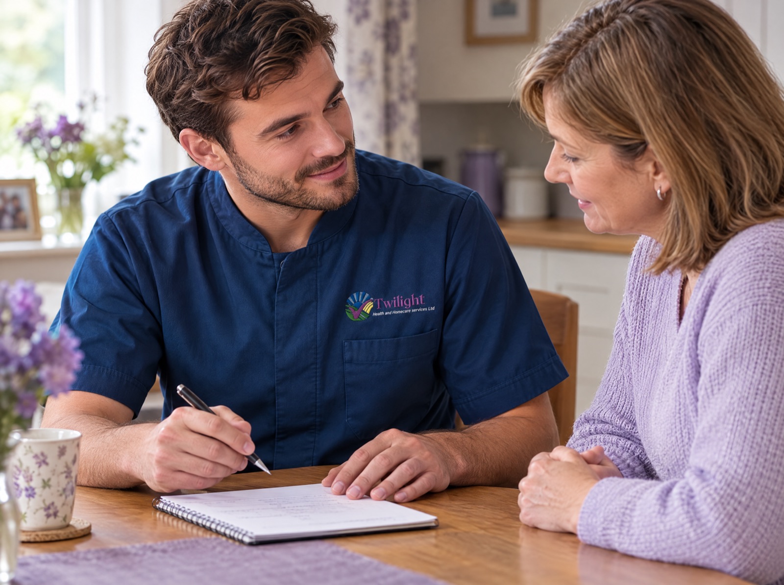 European heritage Twilight carer in a twilight-blue uniform helping a family member choose the right care in Coventry