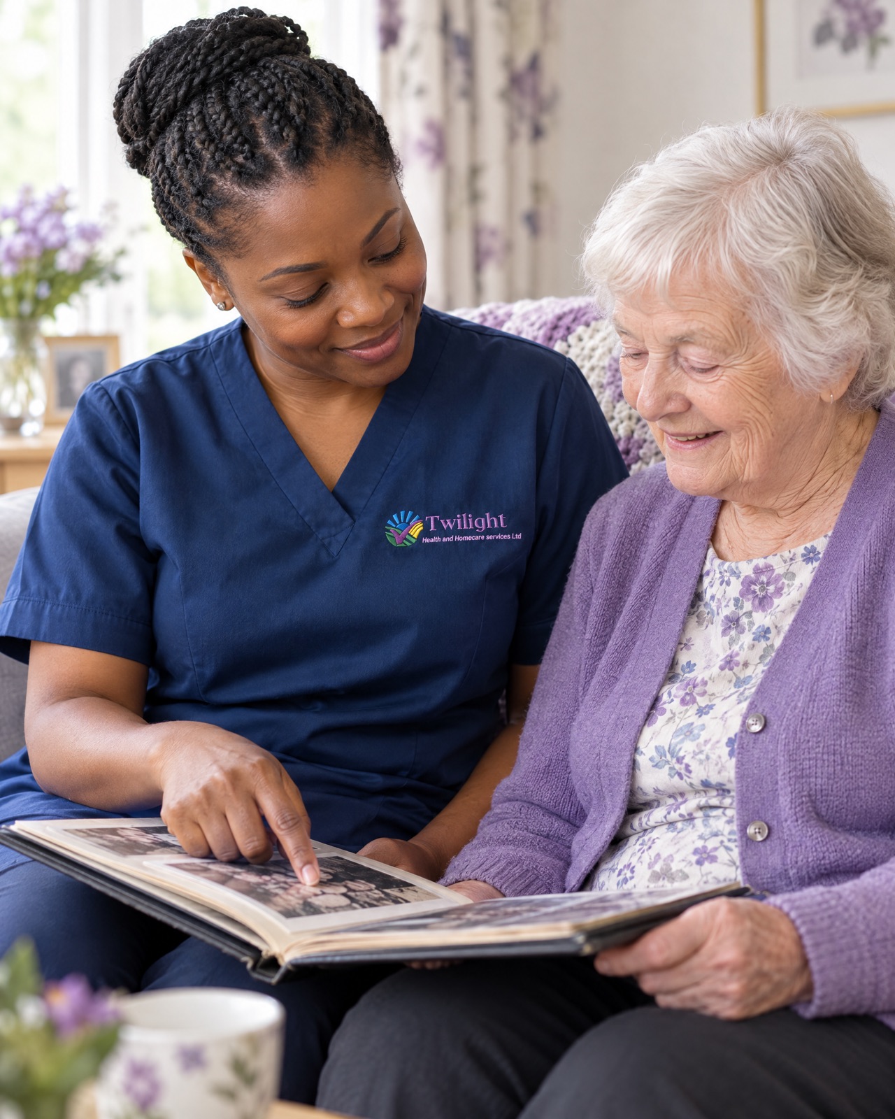 African heritage Twilight carer in a twilight-blue uniform supporting a person living with dementia at home in Coventry