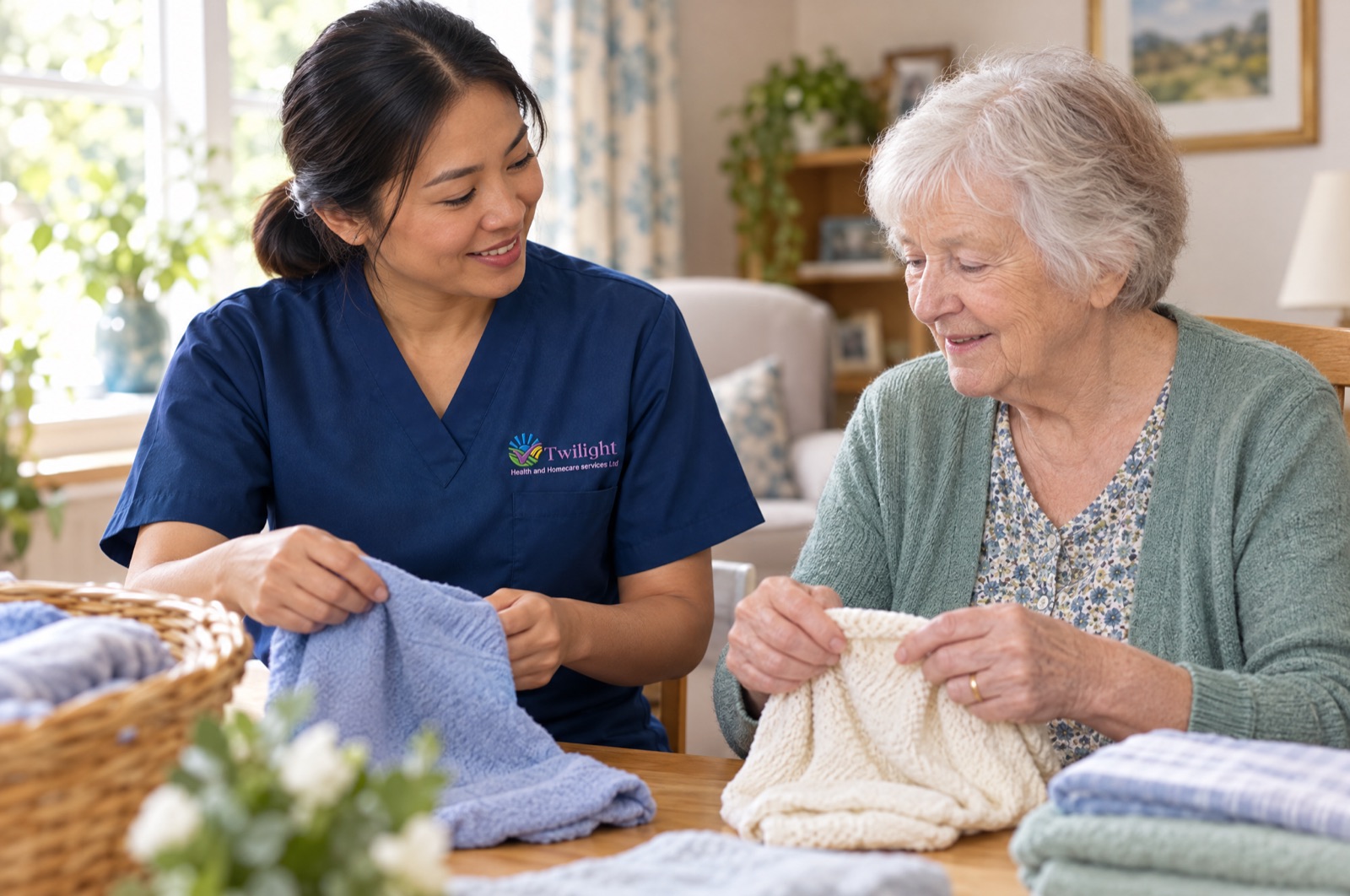 Asian heritage Twilight carer in a twilight-blue uniform sharing a calm, familiar activity with a person living with dementia