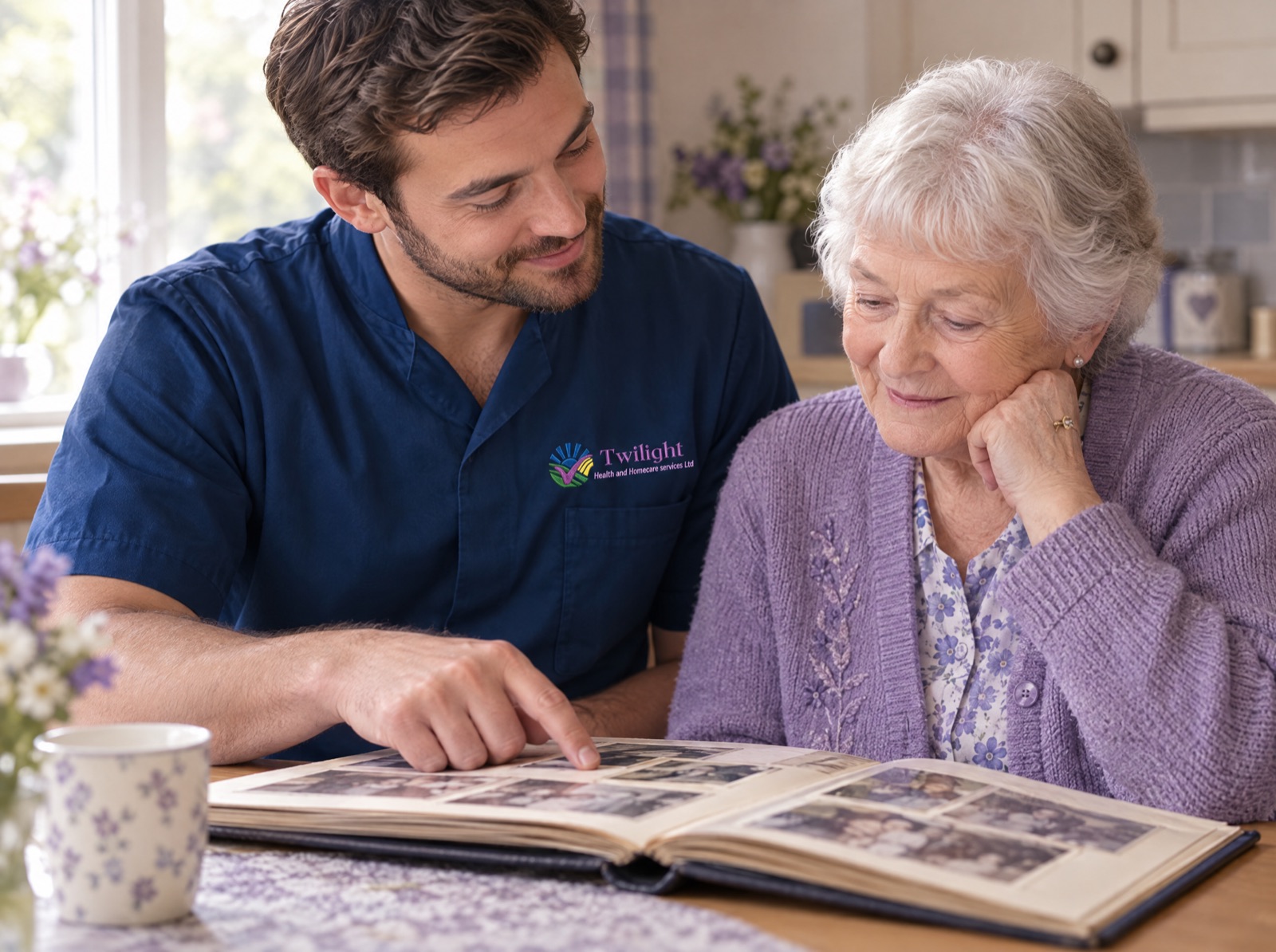 European heritage Twilight carer in a twilight-blue uniform looking through a photo album with a person living with dementia