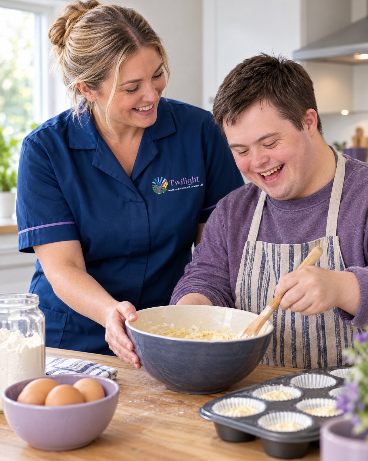 European heritage Twilight carer in a twilight-blue uniform baking with a younger adult with a learning disability in Coventry