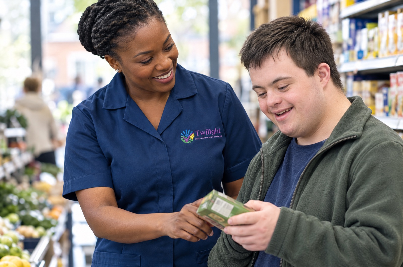 African heritage Twilight carer in a twilight-blue uniform supporting a younger adult with a learning disability in the community