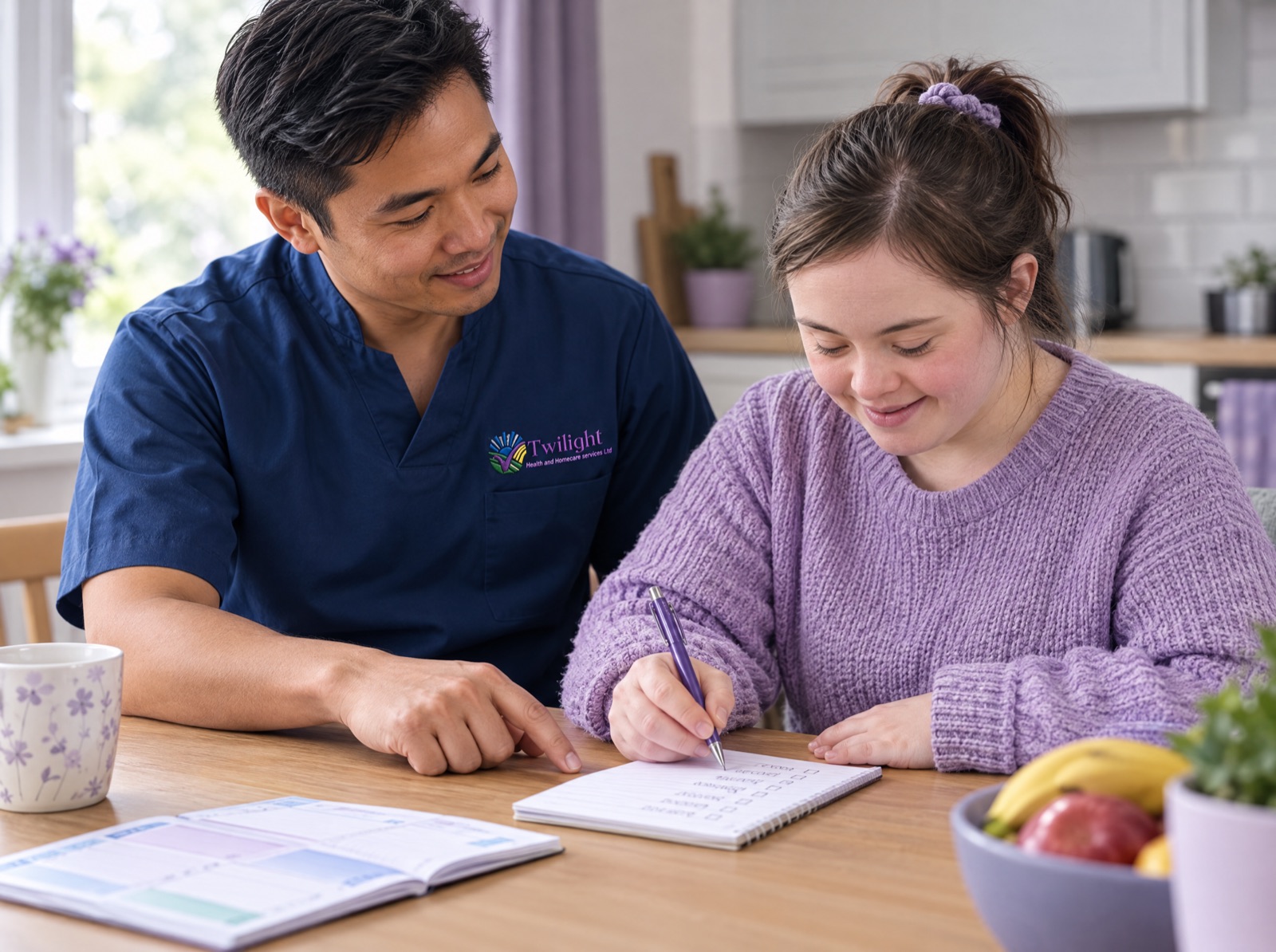 Asian heritage Twilight carer in a twilight-blue uniform helping a younger adult plan daily tasks and build independence