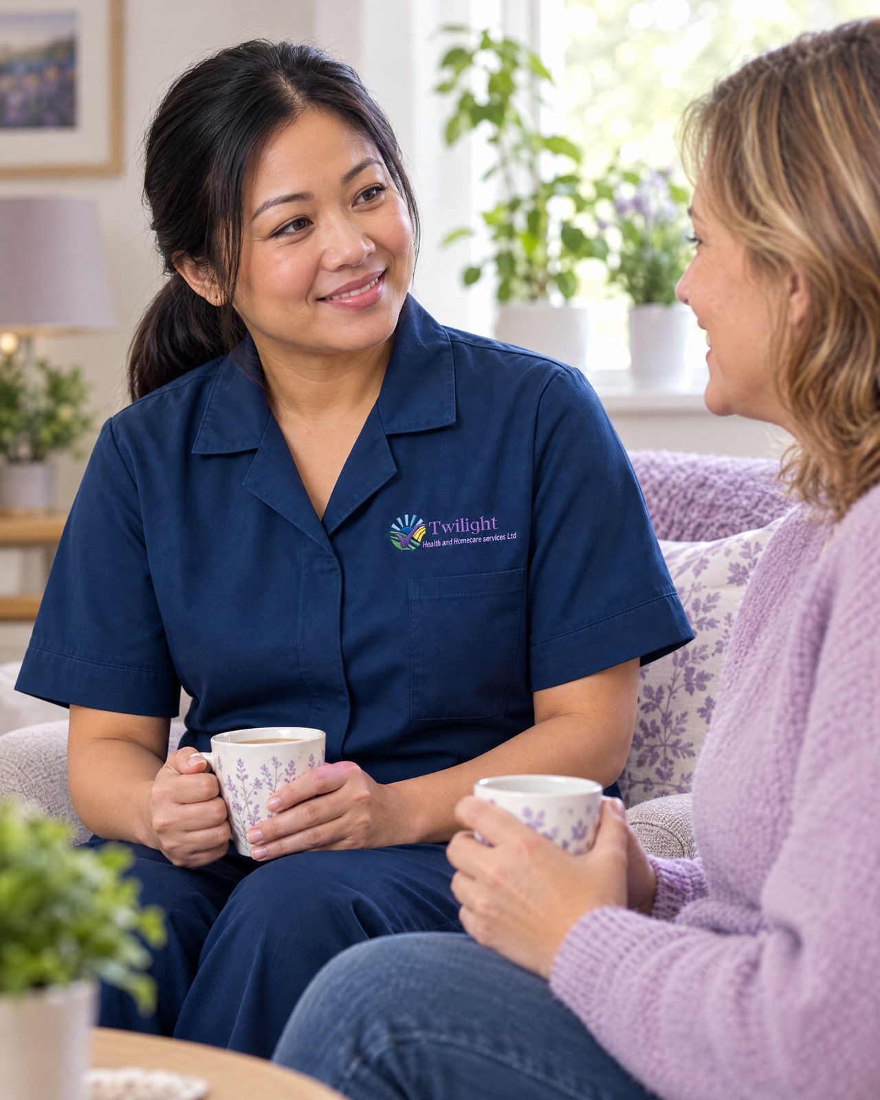 Asian heritage Twilight carer in a twilight-blue uniform offering calm mental health support over tea at home in Coventry