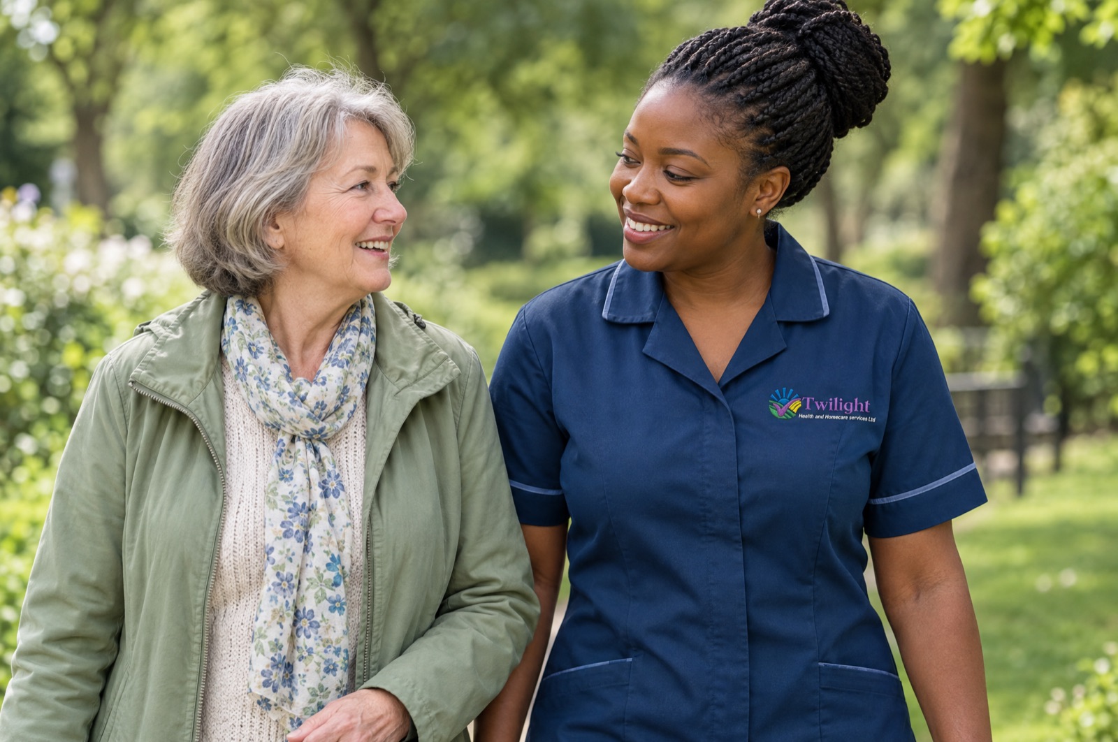 African heritage Twilight carer in a twilight-blue uniform supporting an adult with a calming walk as part of mental health support