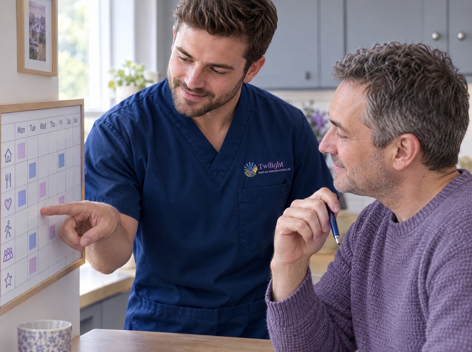 European heritage Twilight carer in a twilight-blue uniform helping an adult build a daily routine as part of mental health support