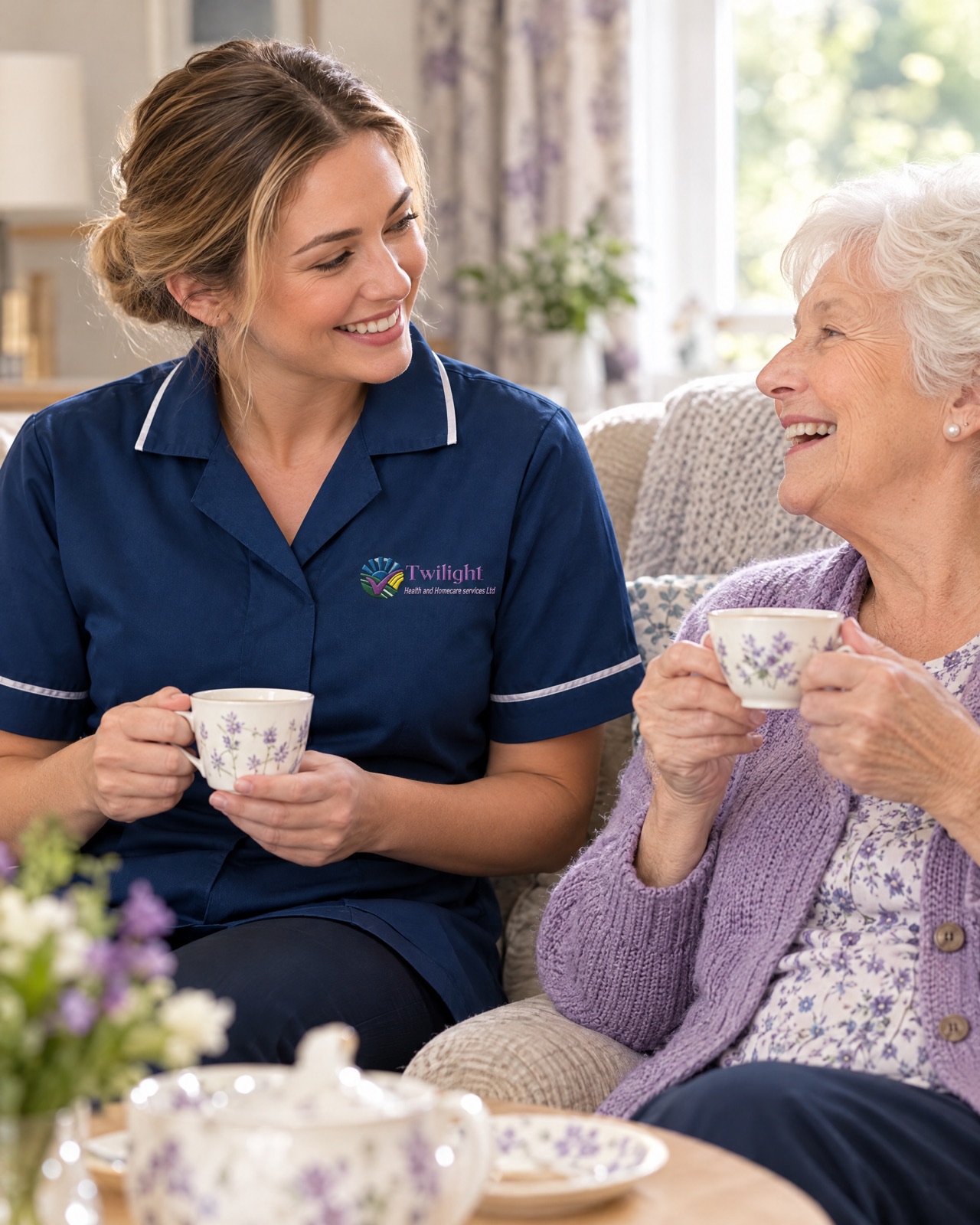 European heritage Twilight carer in a twilight-blue uniform enjoying tea with a cheerful older woman at home in Coventry