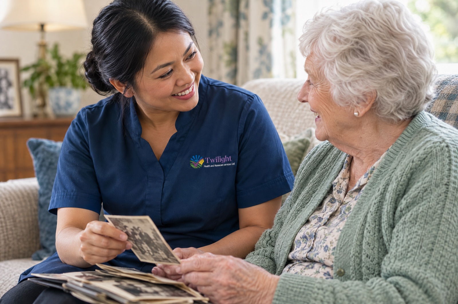 Asian heritage Twilight carer in a twilight-blue uniform sharing memories with an older woman during a home visit