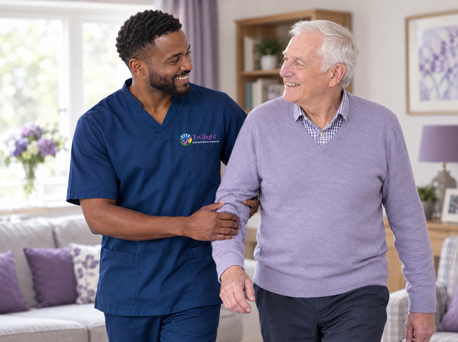 African heritage Twilight carer in a twilight-blue uniform helping an older man move safely around his home
