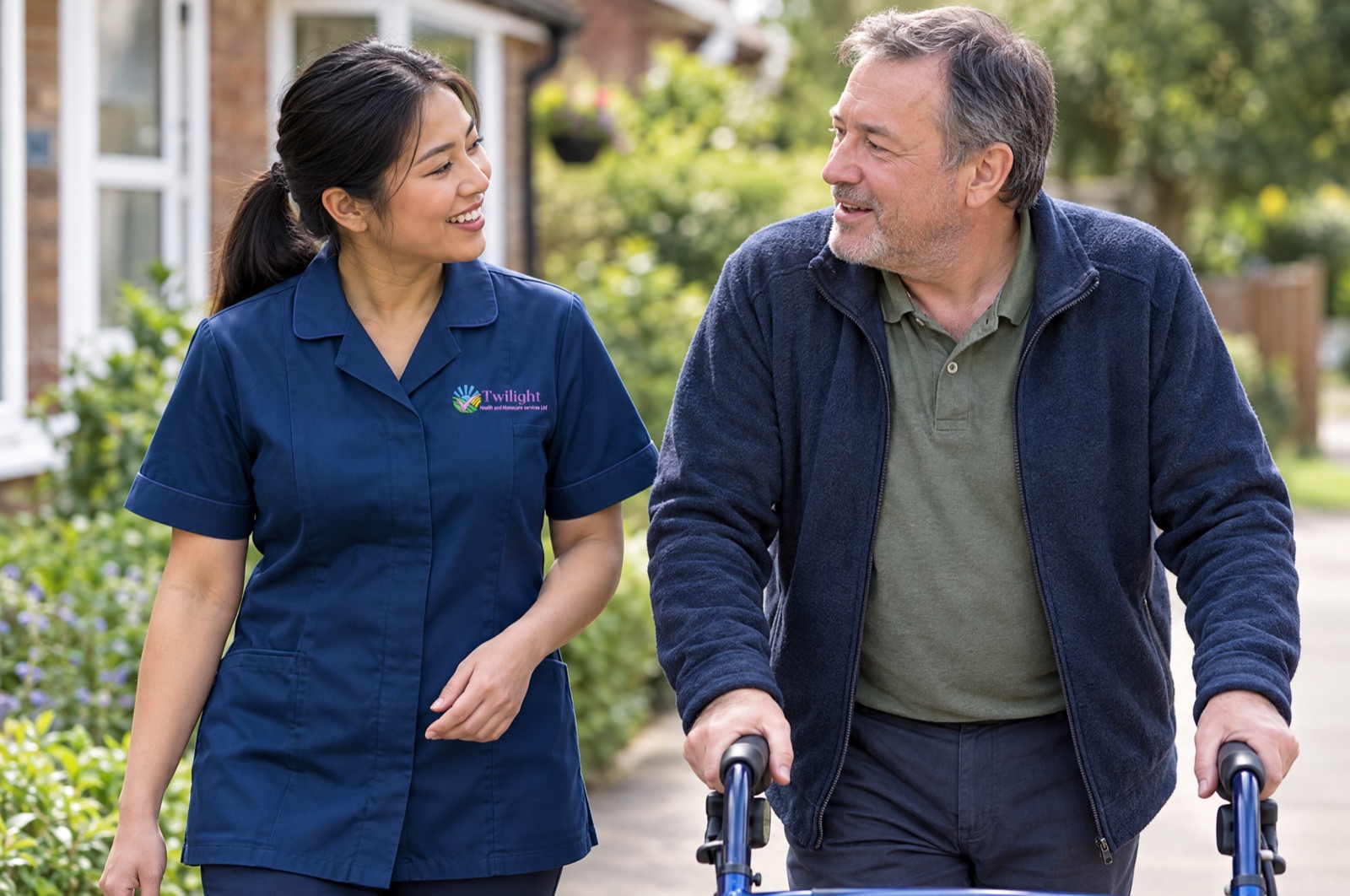 Asian heritage Twilight carer in a twilight-blue uniform supporting an adult with a mobility aid to get out and about in Coventry