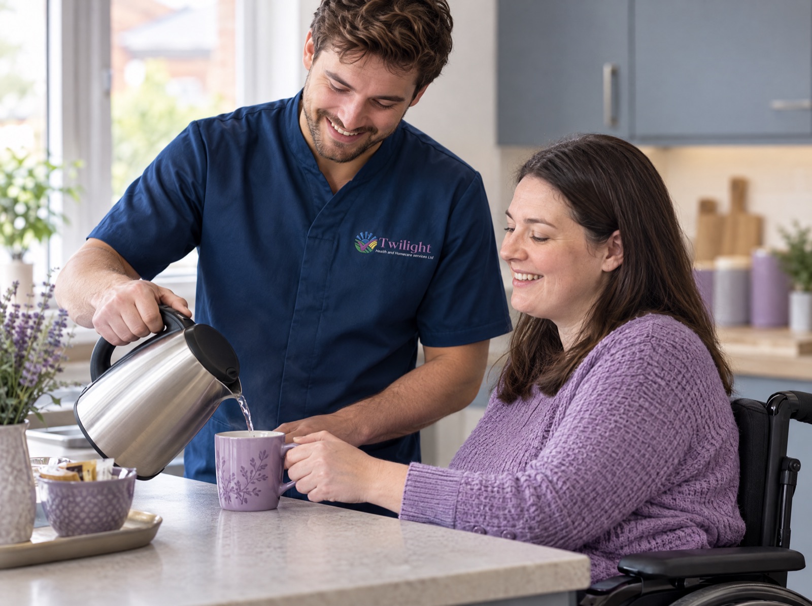 European heritage Twilight carer in a twilight-blue uniform helping an adult with a physical disability in the kitchen