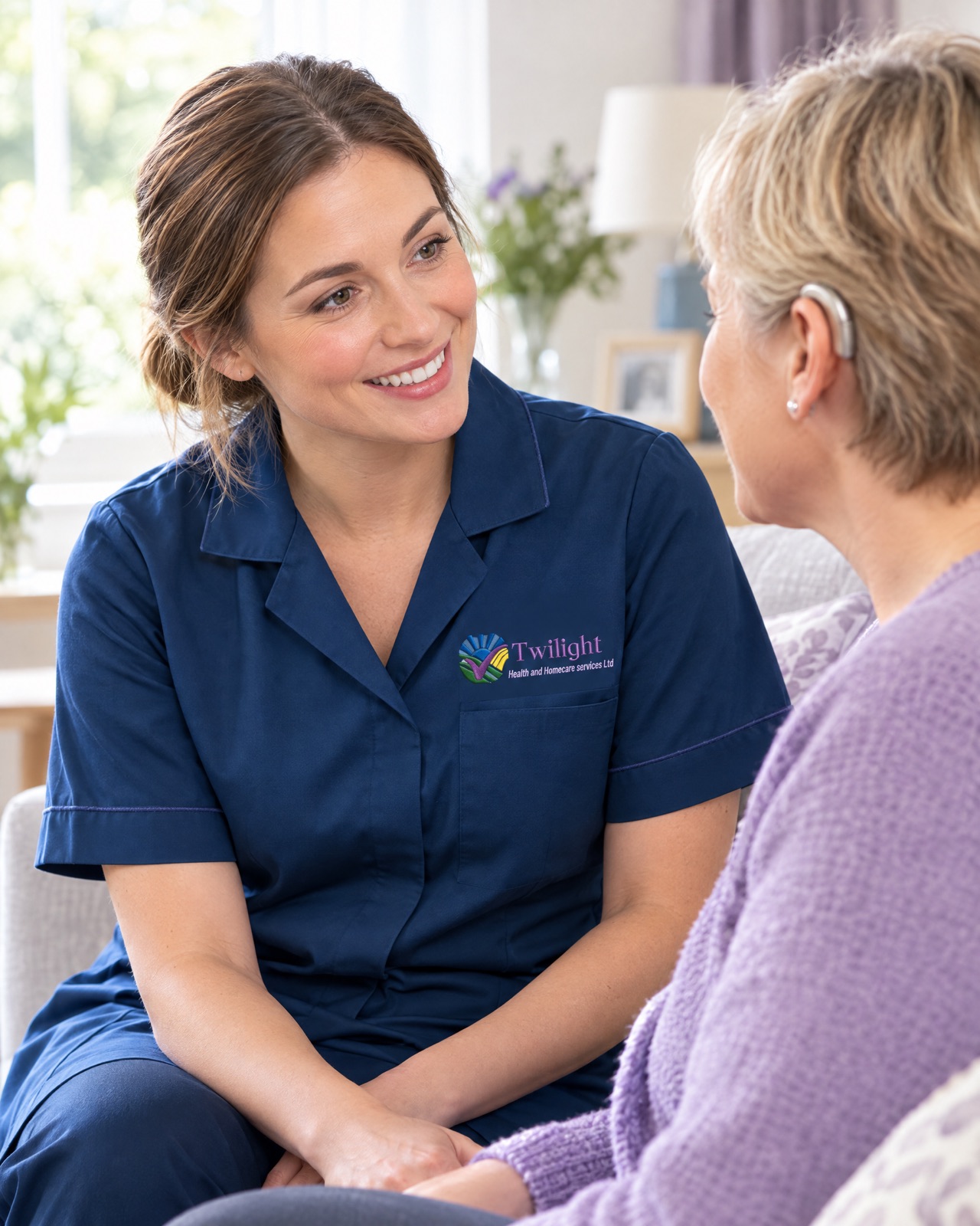European heritage Twilight carer in a twilight-blue uniform communicating clearly with an adult with hearing loss in Coventry