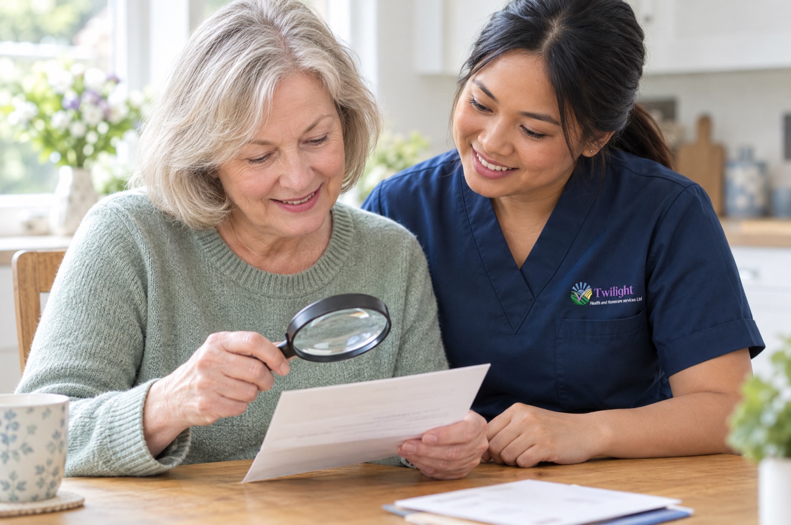 Asian heritage Twilight carer in a twilight-blue uniform helping an adult with sight loss read post using a magnifier