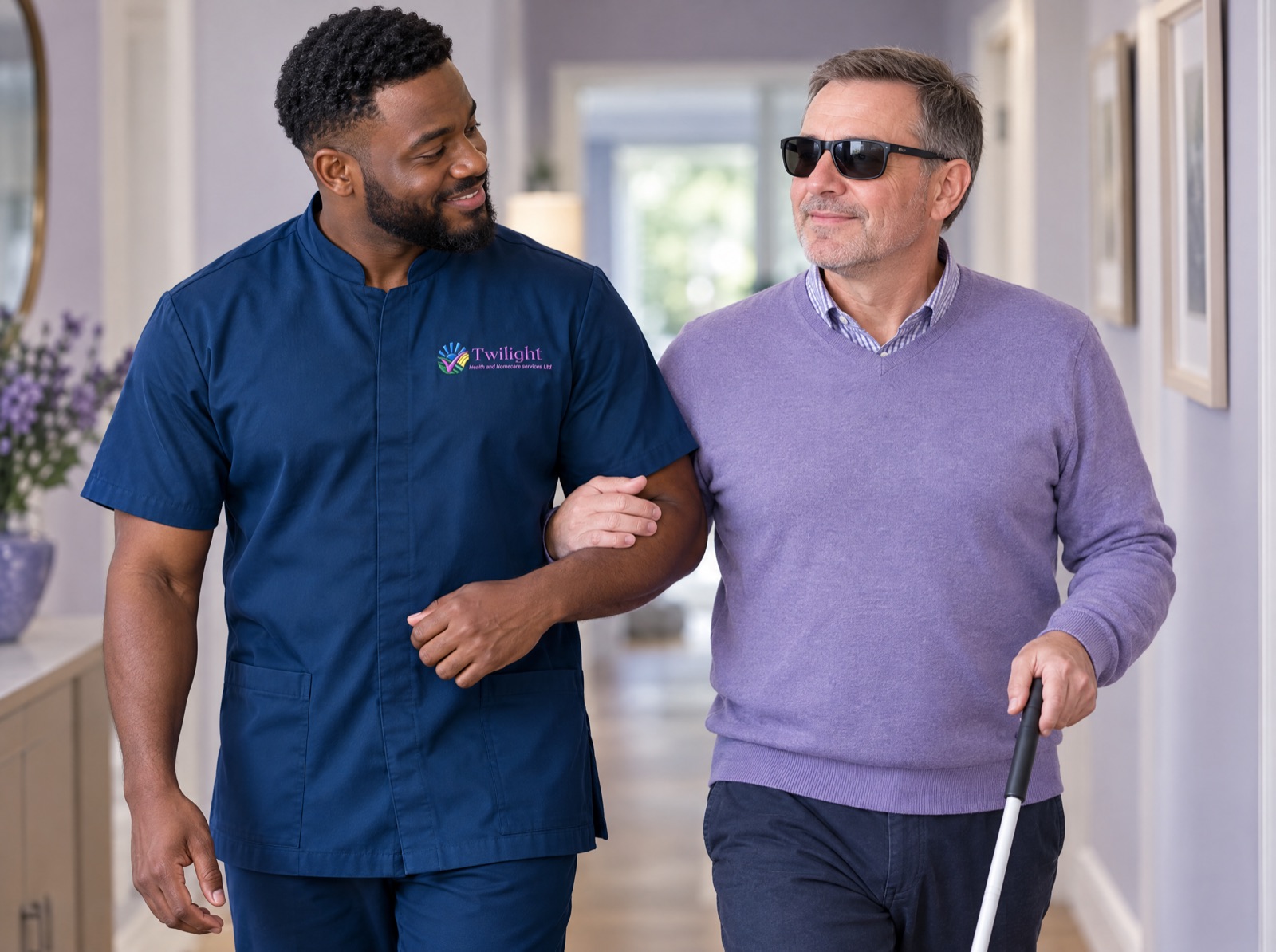 African heritage Twilight carer in a twilight-blue uniform guiding an adult with sight loss safely around the home