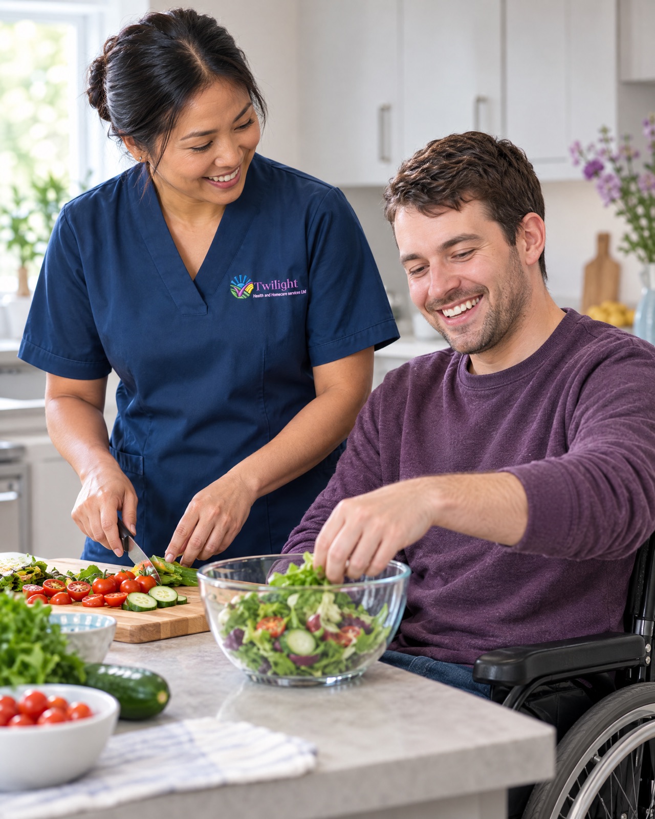 Asian heritage Twilight carer in a twilight-blue uniform supporting a younger wheelchair user to cook independently in Coventry