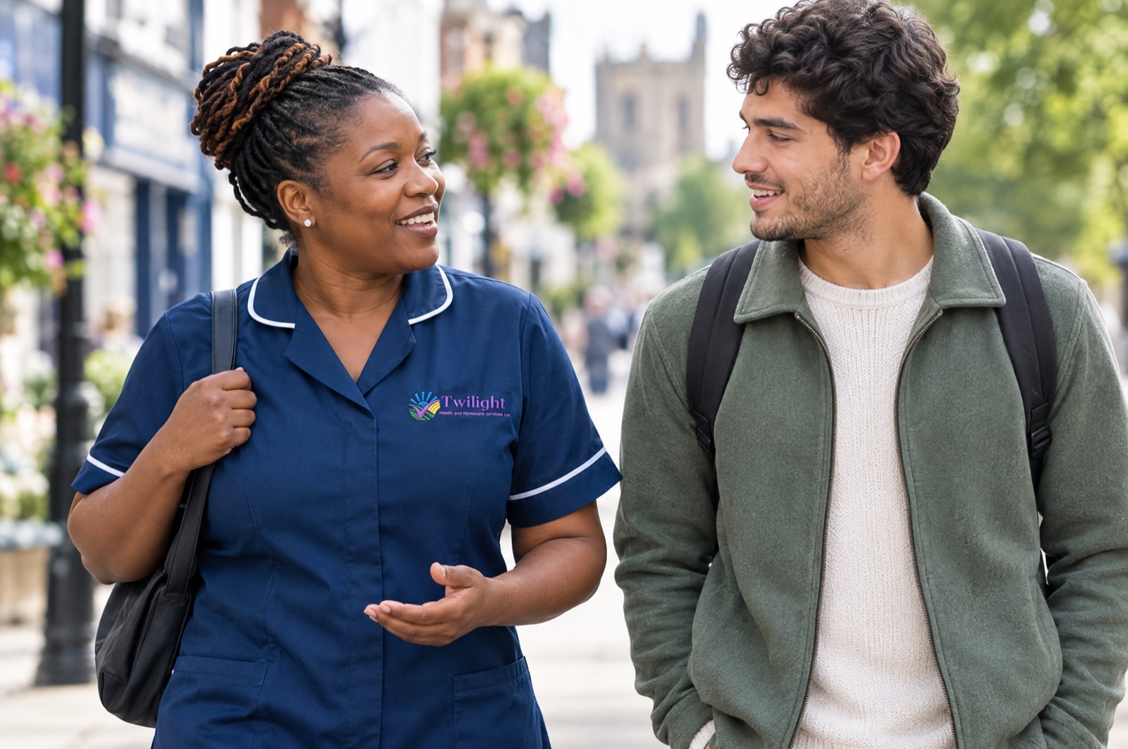 African heritage Twilight carer in a twilight-blue uniform supporting a younger adult to get out into the community in Coventry