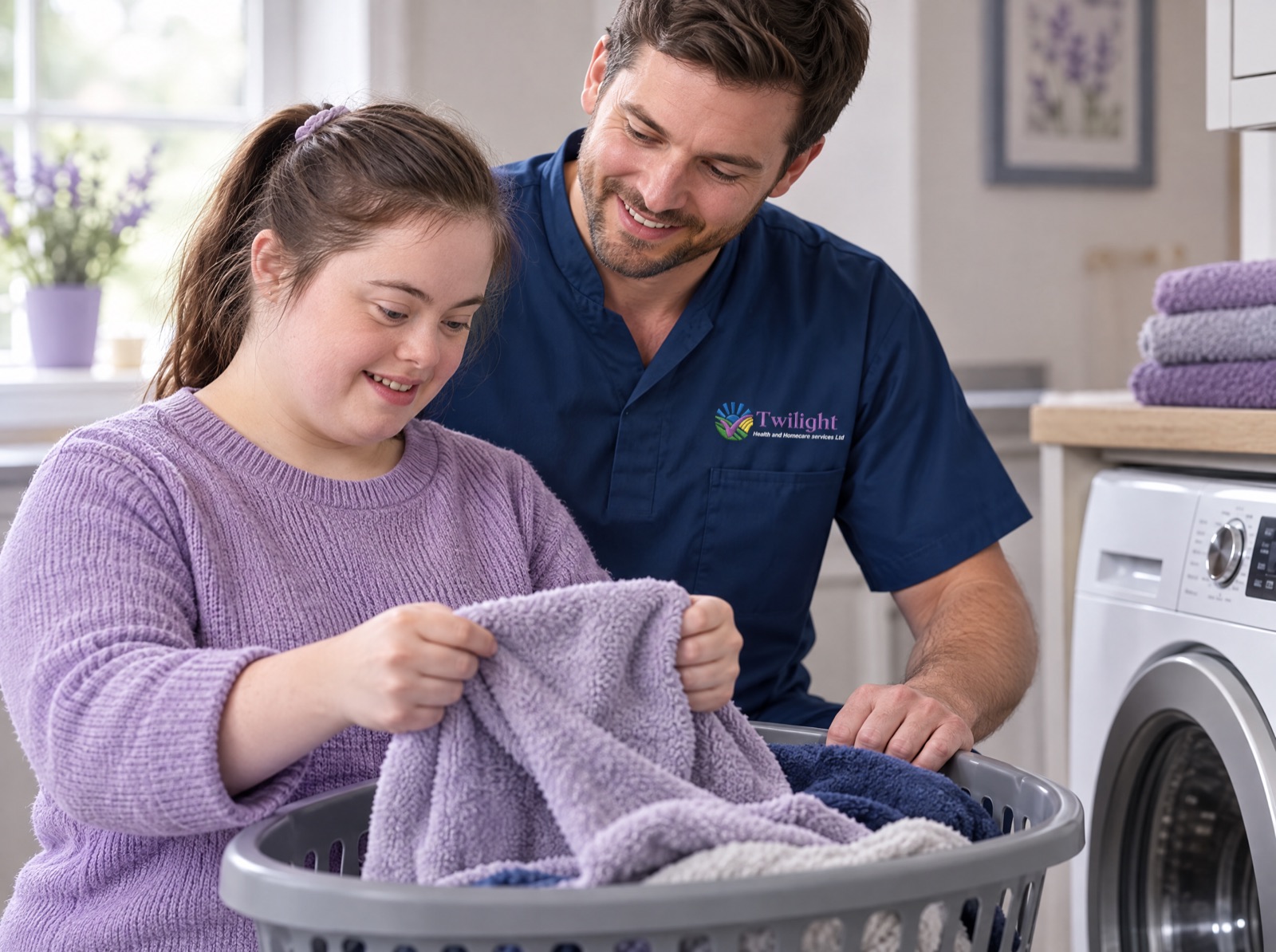 European heritage Twilight carer in a twilight-blue uniform helping a younger adult build daily living skills at home
