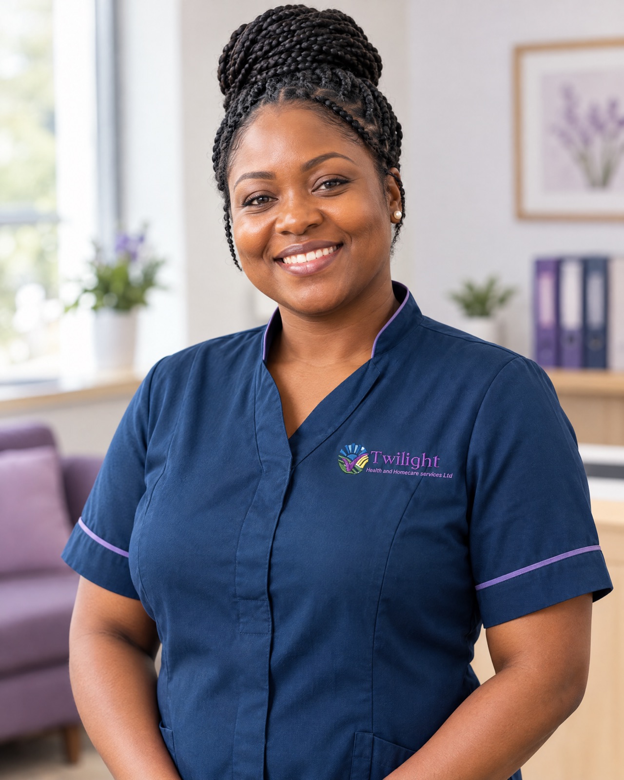 African heritage carer in a twilight-blue Twilight uniform smiling proudly, representing care jobs in Coventry