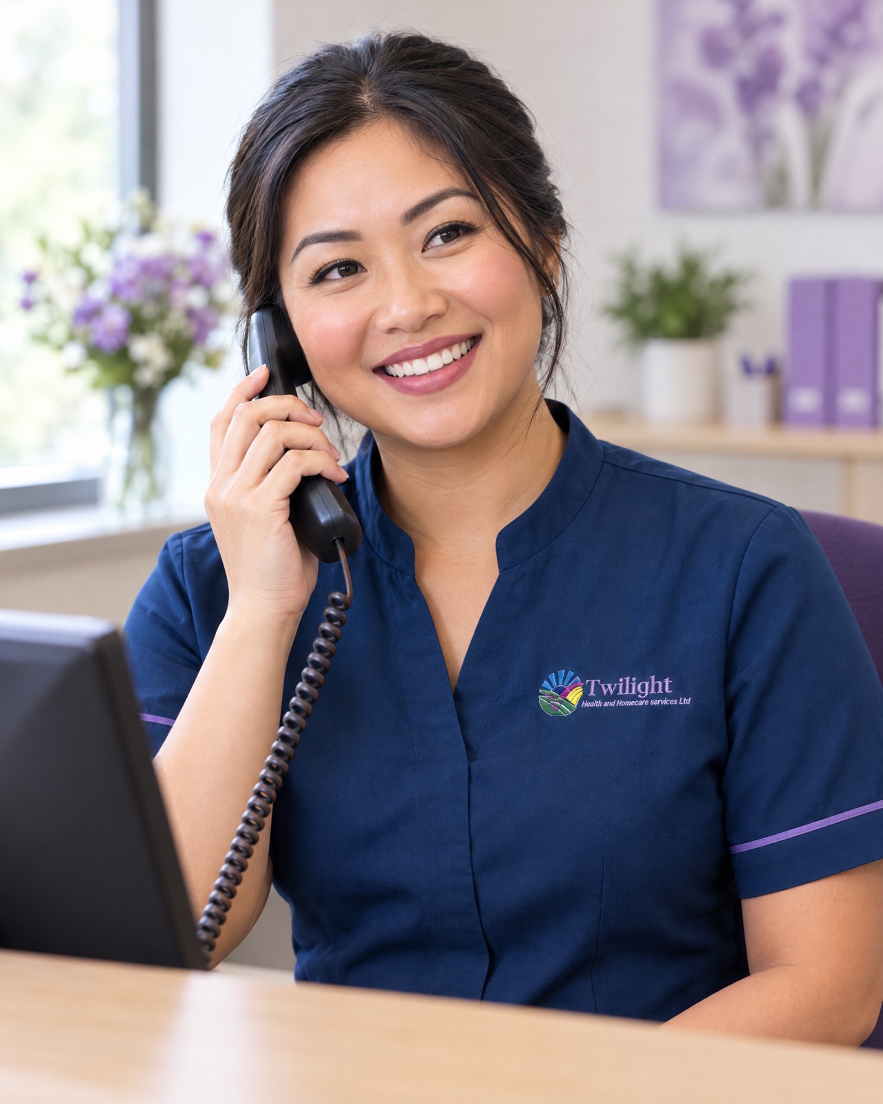 Asian heritage Twilight care coordinator in a twilight-blue uniform answering the phone at the Coventry office