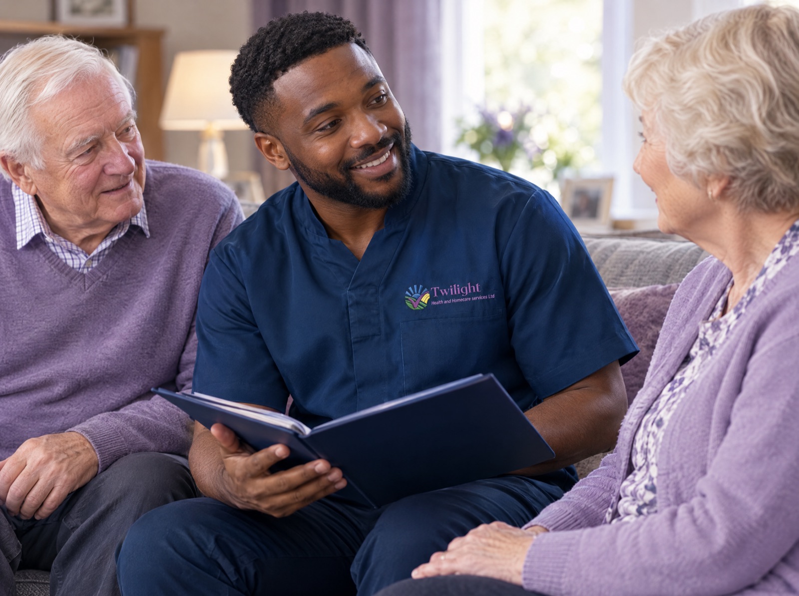 African heritage Twilight carer in a twilight-blue uniform discussing a care plan with an elderly couple at home