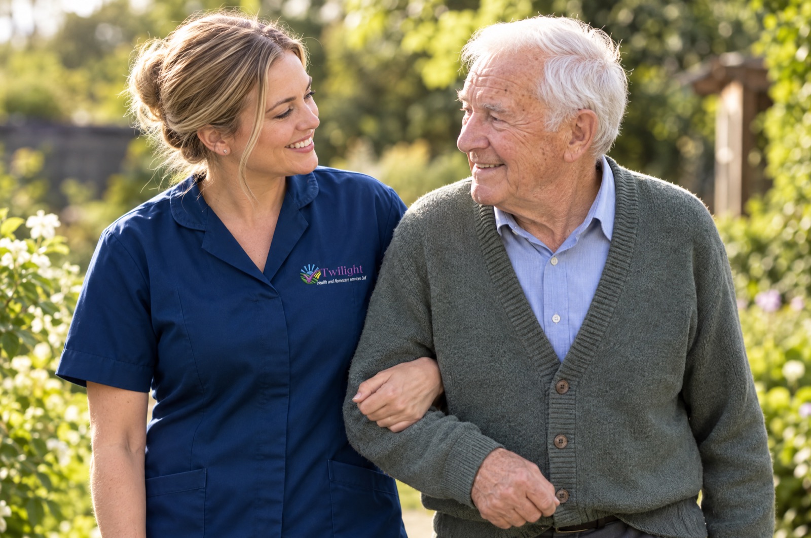 European heritage Twilight carer in a twilight-blue uniform walking with an elderly man in a Coventry garden