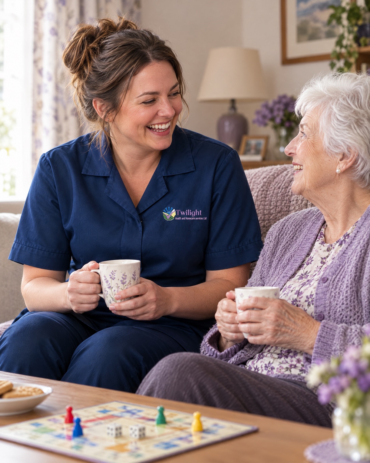 European heritage Twilight carer in a twilight-blue uniform sharing tea and laughter with an elderly woman at home in Coventry