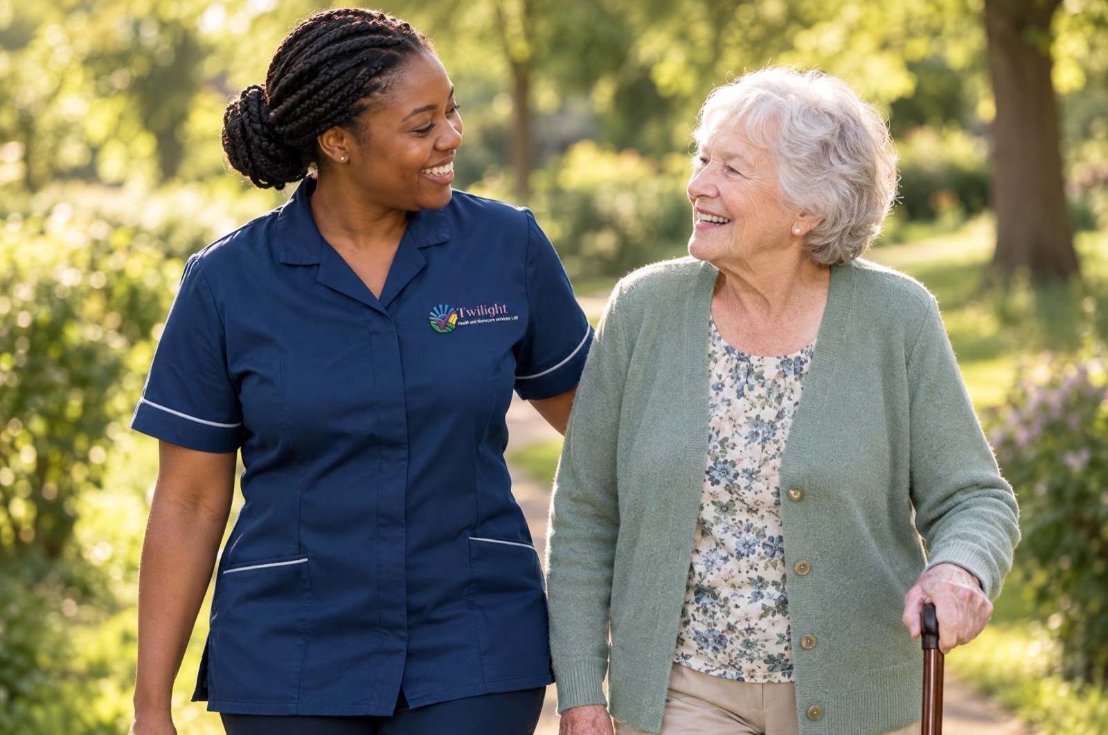 African heritage Twilight carer in a twilight-blue uniform accompanying an elderly woman on a walk in a Coventry park