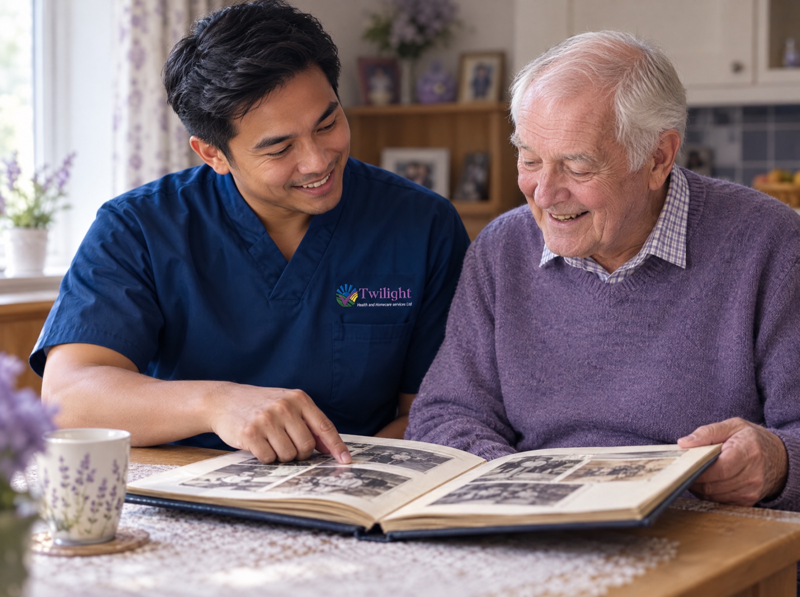 Asian heritage Twilight carer in a twilight-blue uniform looking through a photo album with an elderly man at home
