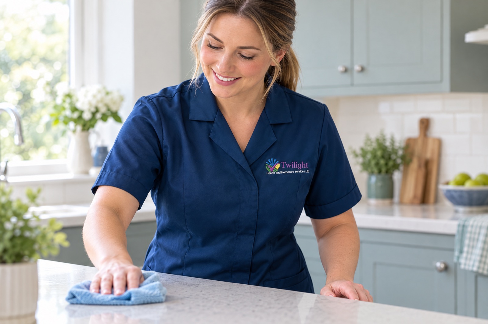 European heritage Twilight carer in a twilight-blue uniform cleaning a kitchen worktop during a home help visit