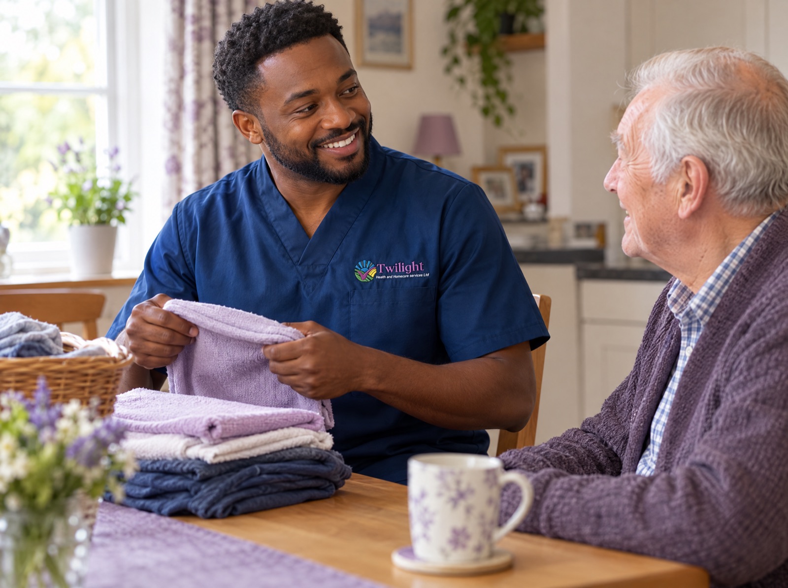 African heritage Twilight carer in a twilight-blue uniform folding laundry and chatting with an elderly man at home