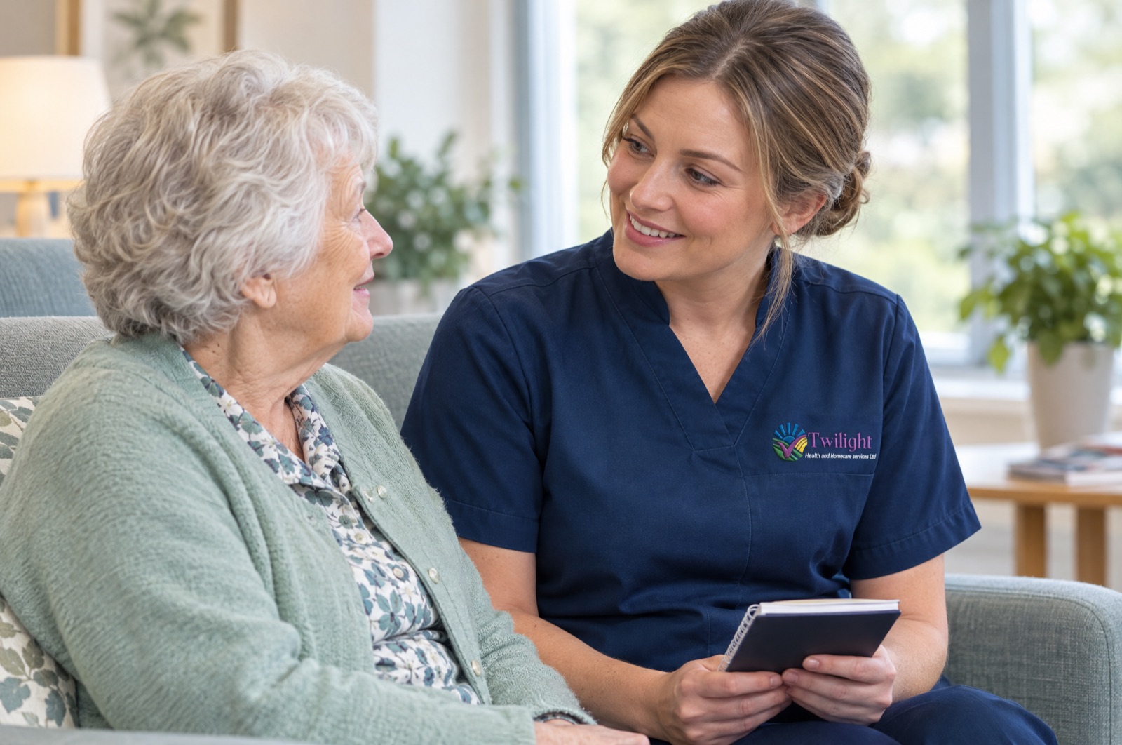 European heritage Twilight carer in a twilight-blue uniform reassuring an elderly woman in a waiting room before an appointment