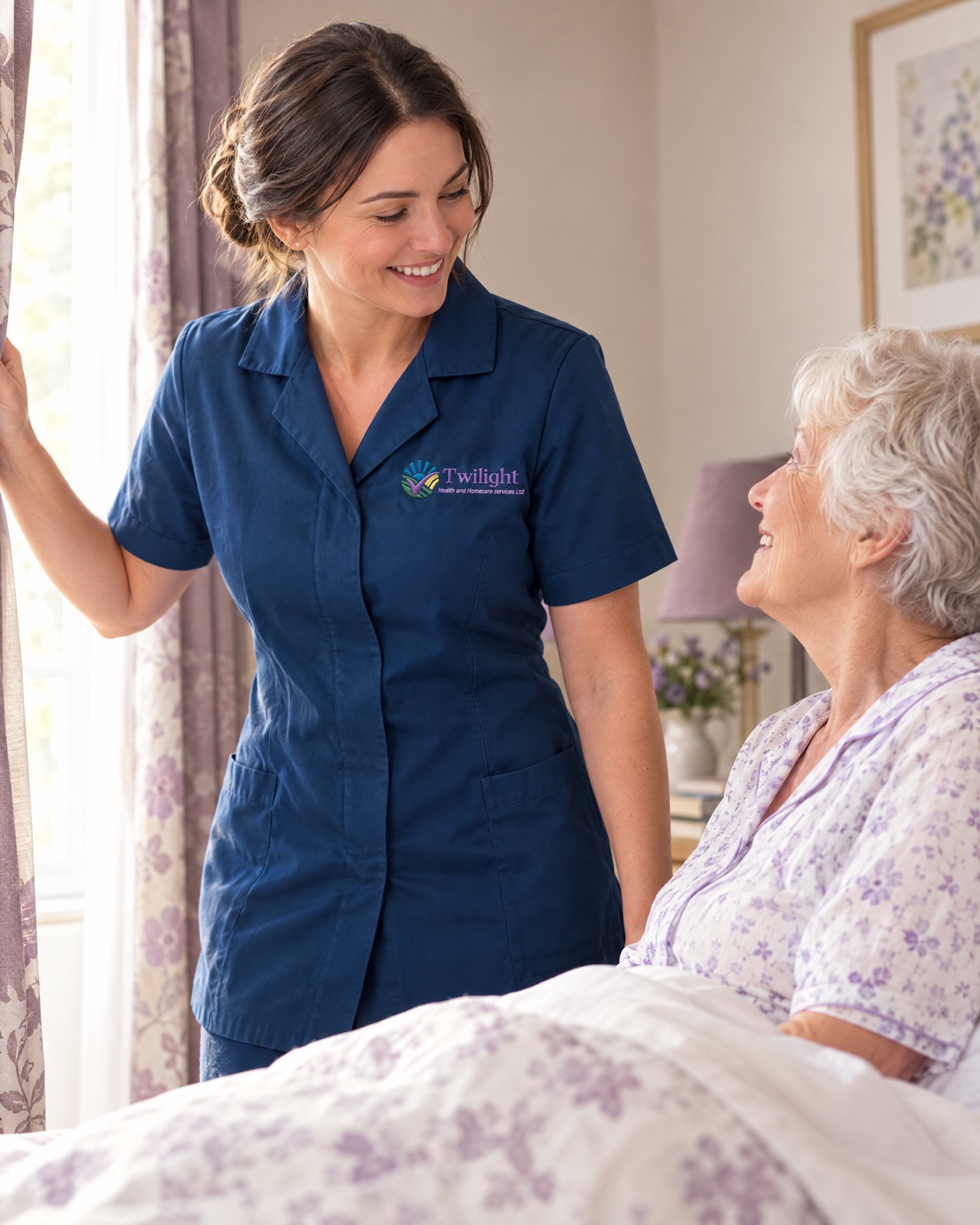 European heritage Twilight carer in a twilight-blue uniform helping an elderly woman start her morning at home in Coventry
