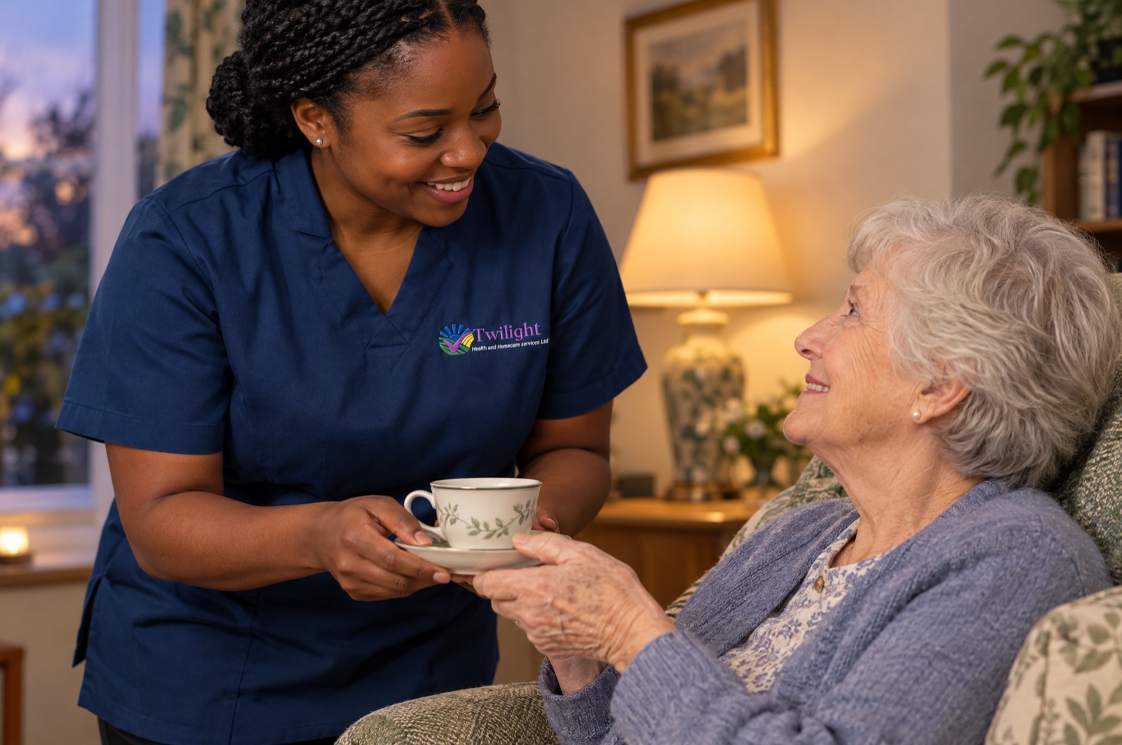 African heritage Twilight carer in a twilight-blue uniform settling an elderly woman comfortably in the evening at home