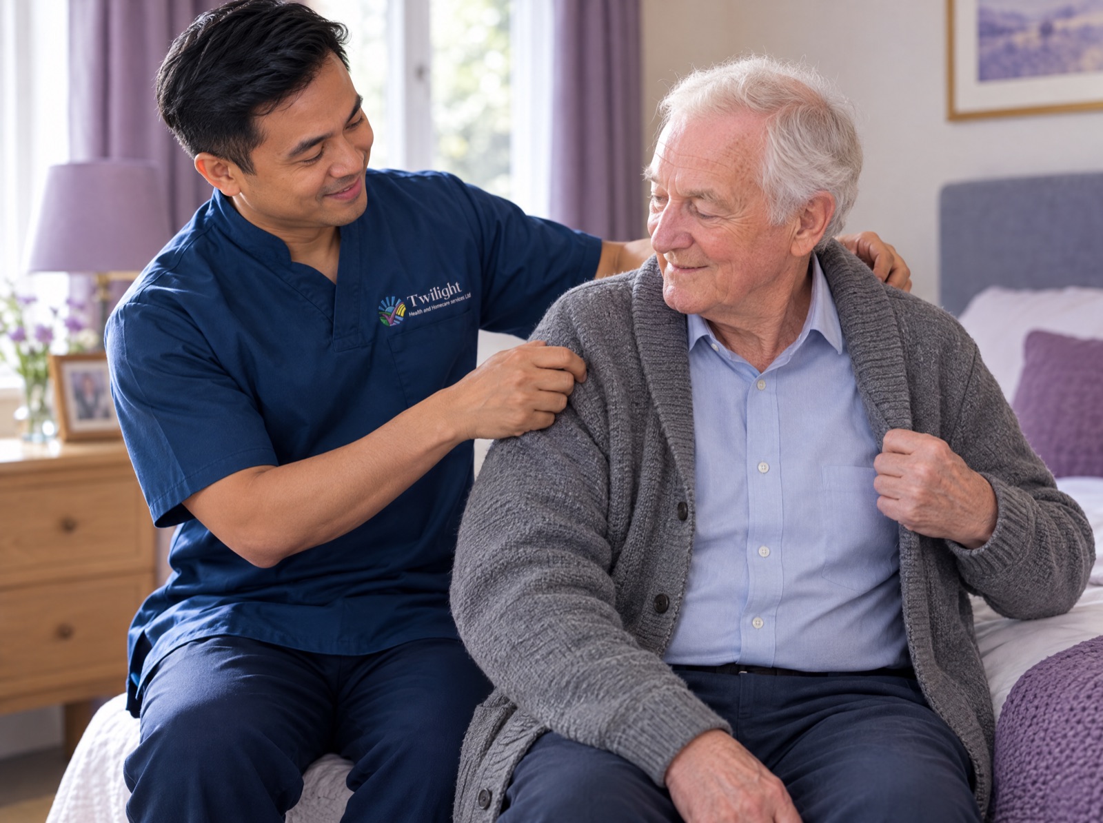 Asian heritage Twilight carer in a twilight-blue uniform helping an elderly man dress and get ready for the day