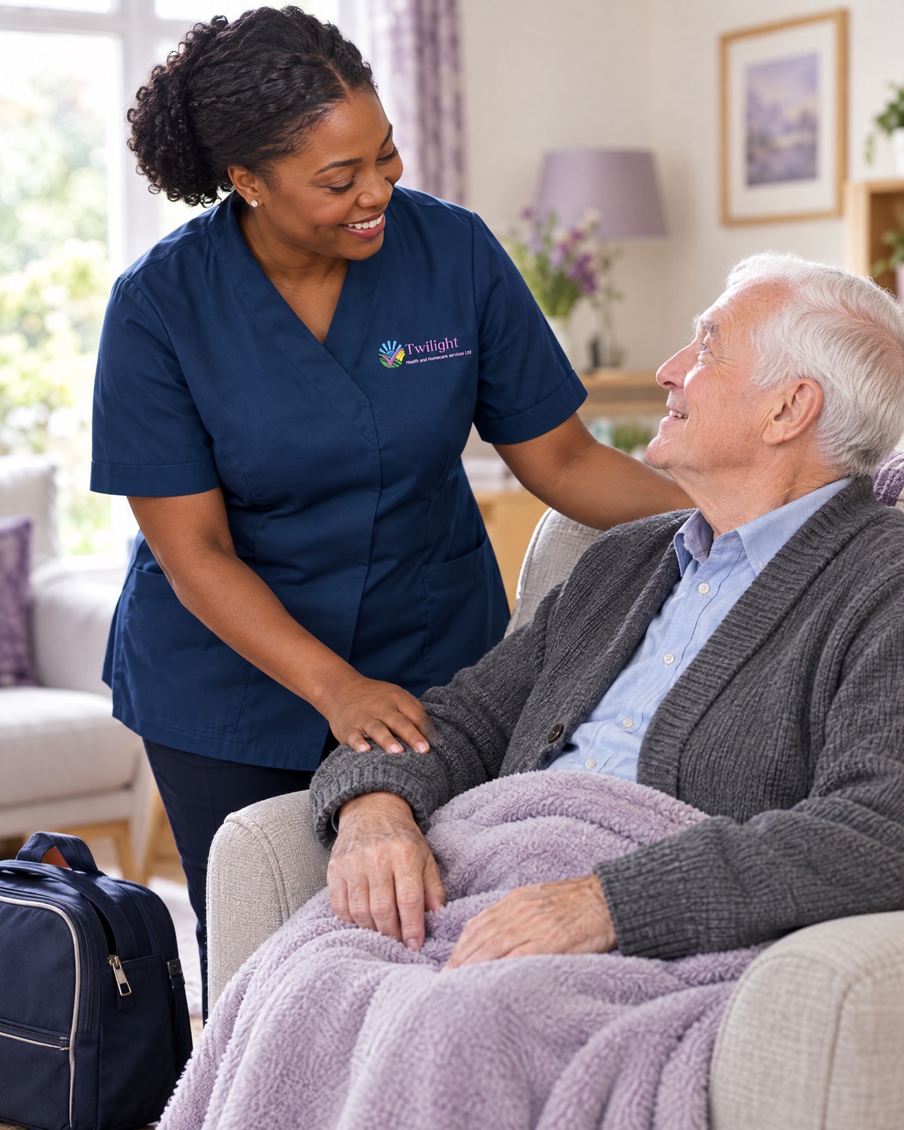 African heritage Twilight carer in a twilight-blue uniform helping an elderly man settle home from hospital in Coventry