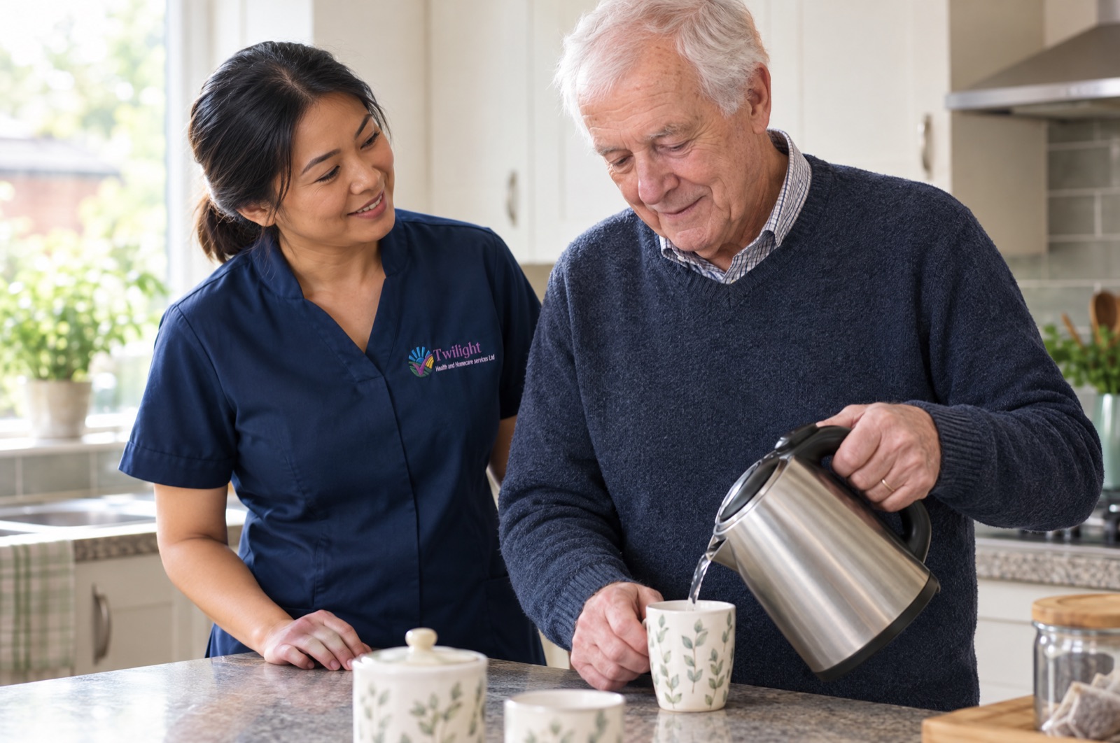 Asian heritage Twilight carer in a twilight-blue uniform encouraging an elderly man to rebuild independence during reablement