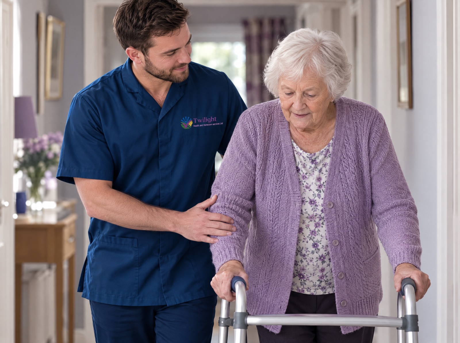 European heritage Twilight carer in a twilight-blue uniform supporting an elderly woman to walk safely as she recovers at home