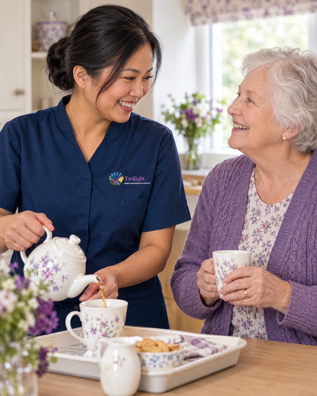Asian heritage Twilight live-in carer in a twilight-blue uniform making tea with an elderly woman at home in Coventry