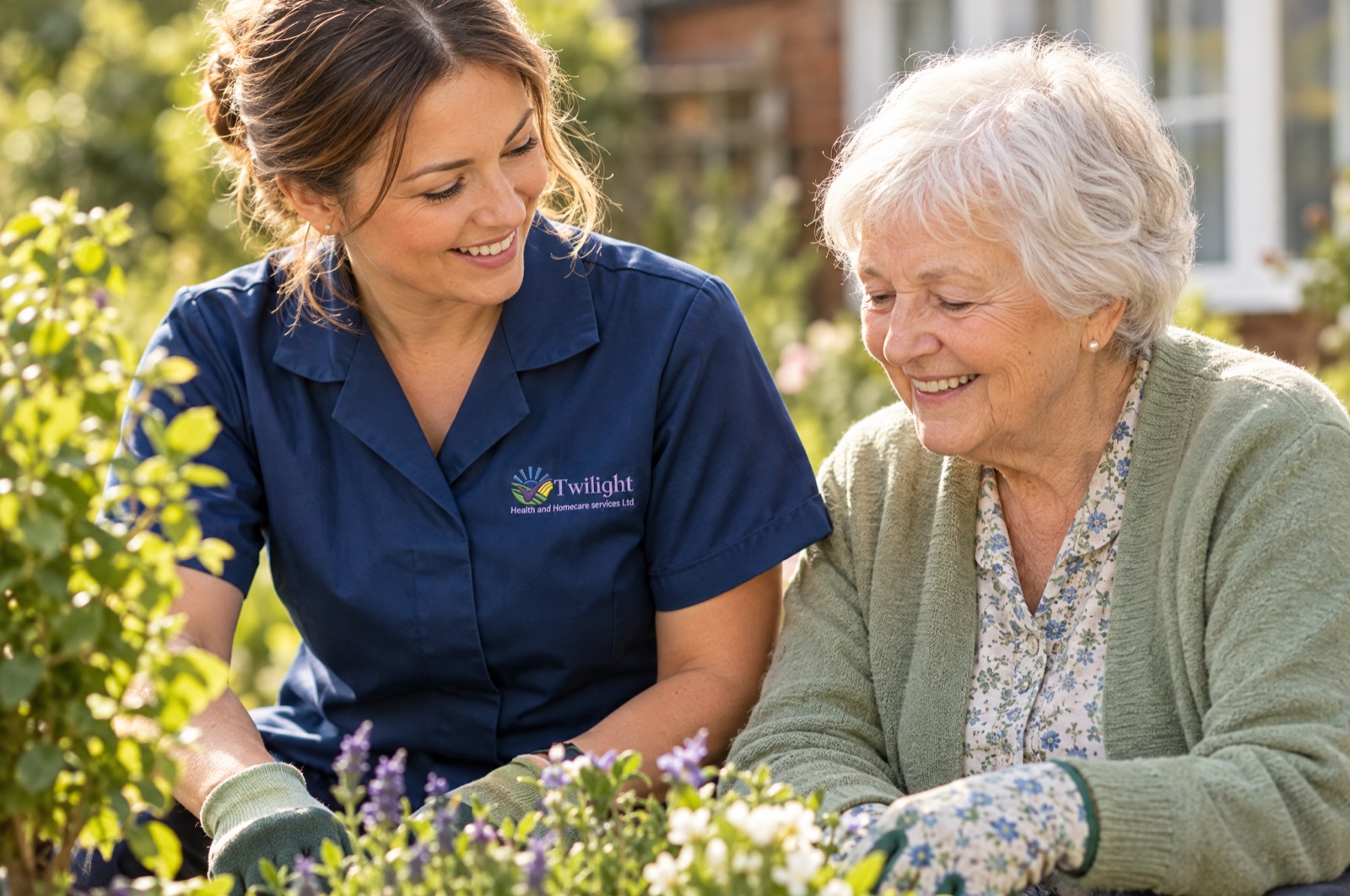 European heritage Twilight live-in carer in a twilight-blue uniform gardening with an elderly woman at her Coventry home