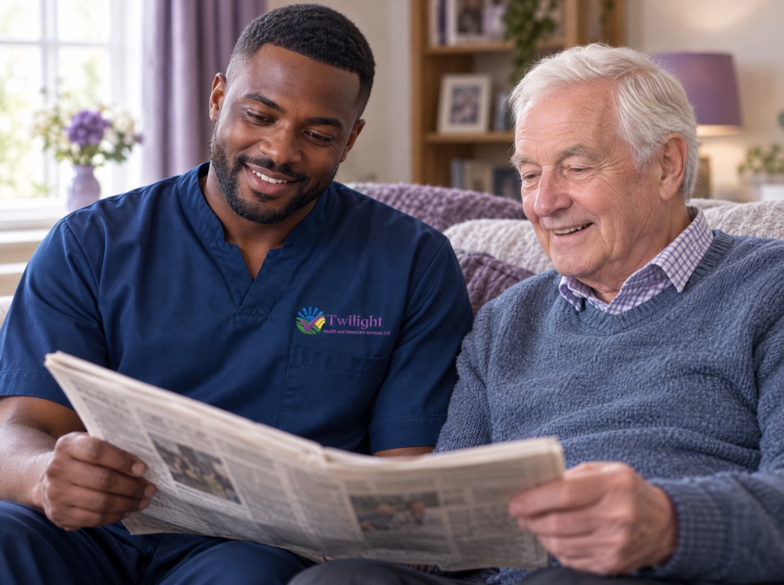 African heritage Twilight live-in carer in a twilight-blue uniform relaxing and reading with an elderly man at home