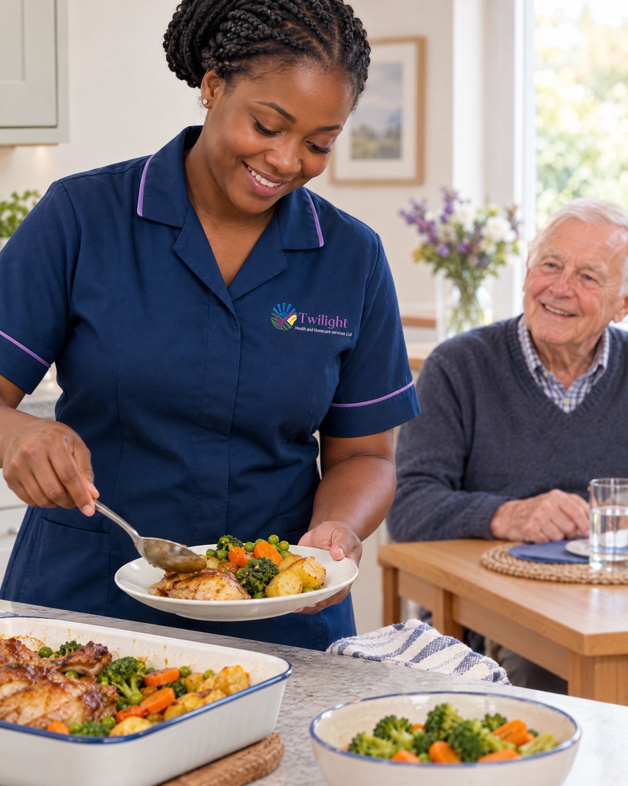 African heritage Twilight carer in a twilight-blue uniform preparing a home-cooked meal for an elderly man in Coventry