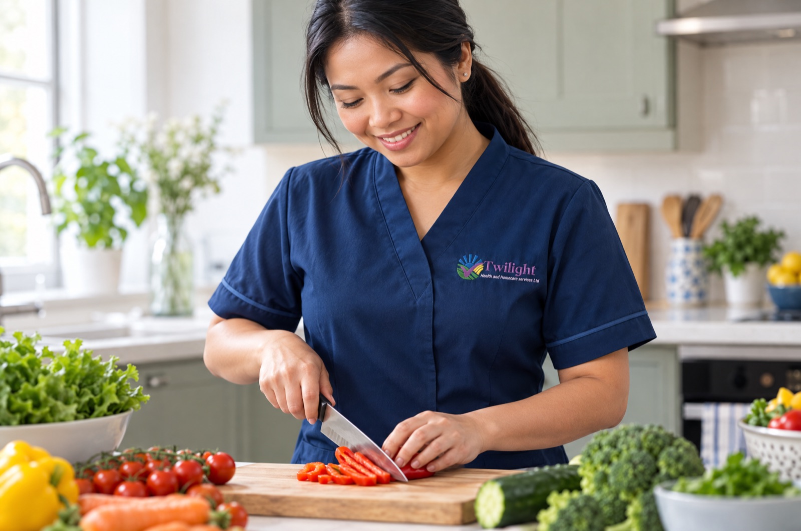 Asian heritage Twilight carer in a twilight-blue uniform chopping fresh vegetables while preparing a meal at home