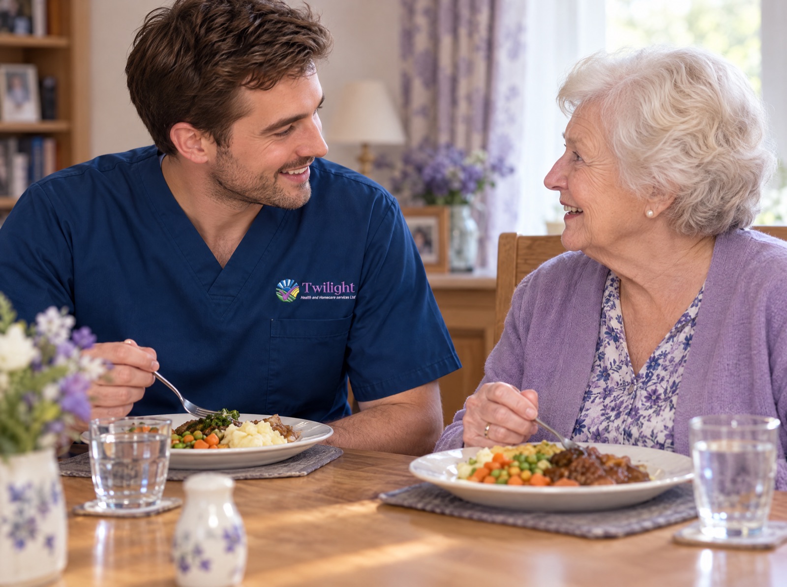 European heritage Twilight carer in a twilight-blue uniform keeping an elderly woman company at mealtime at home
