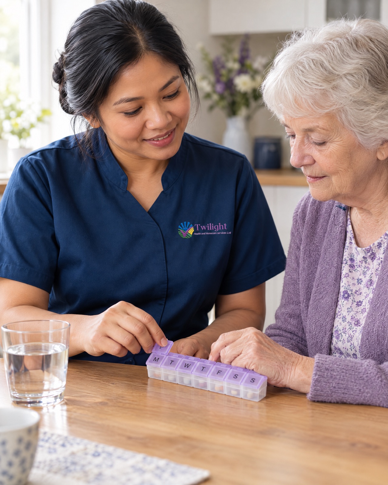 Asian heritage Twilight carer in a twilight-blue uniform helping an elderly woman with a pill organiser at home in Coventry